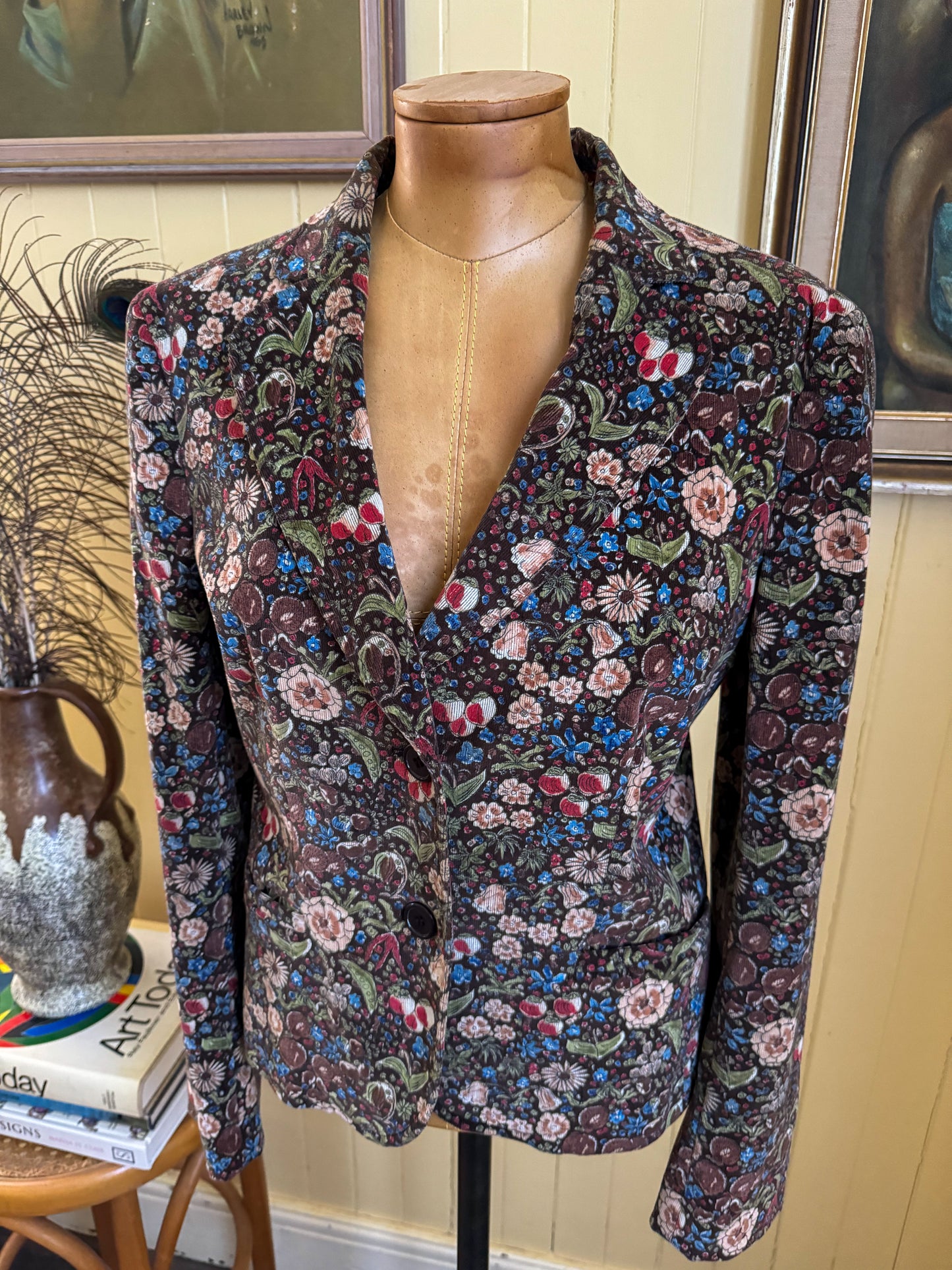 VINTAGE 1990S MOSCHINO CHEAP AND CHIC FLORAL PRINT CORDUROY BLAZER JACKET S/M