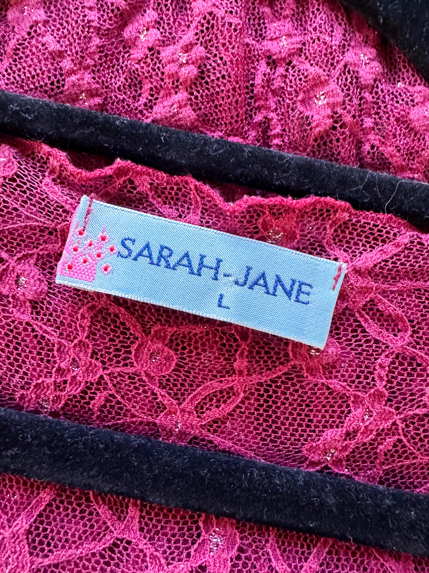 VINTAGE 1990S SARAH-JANE SHEER LACE RUFFLE STRETCH MIDI DRESS S/M