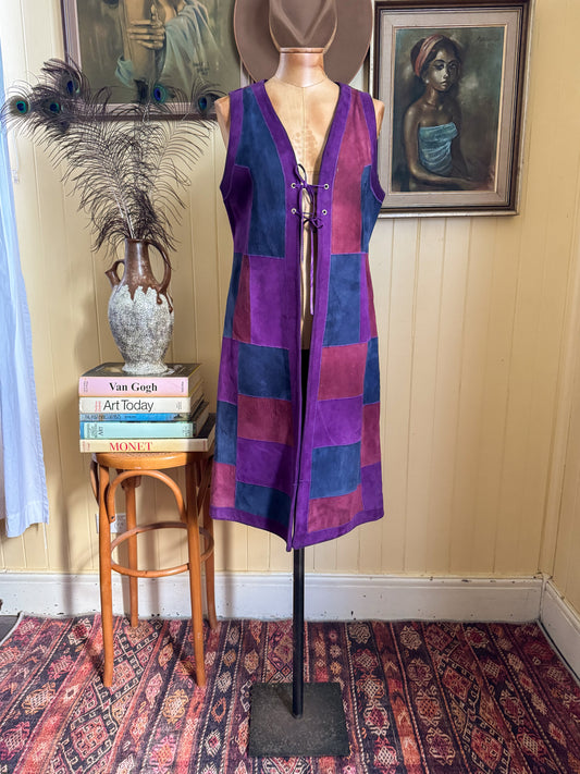 VINTAGE 1970S SUEDE LEATHER PATCHWORK LONGLINE LACE UP WAISTCOAT VEST S