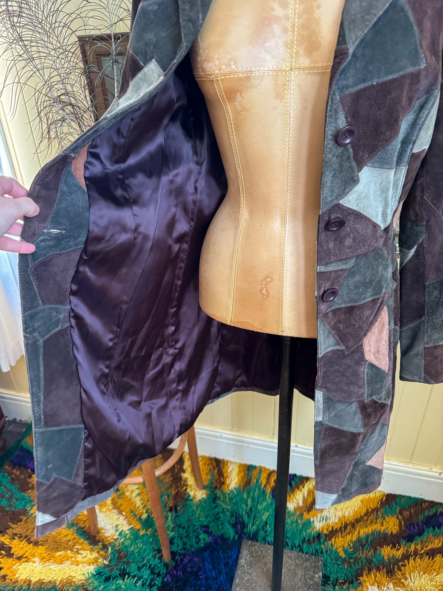 VINTAGE 1990S BEBE SUEDE LEATHER PATCHWORK TRENCH JACKET COAT S/M