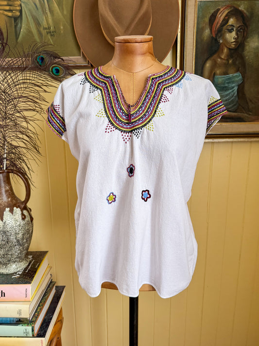 VINTAGE 1980S MEXICAN COTTON EMBROIDERED SMOCK TOP M/L
