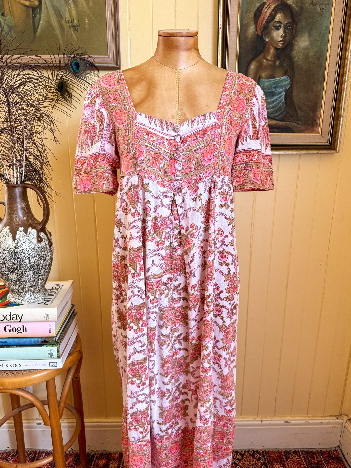 VINTAGE 1970S MAYUR INDIAN COTTON BLOCK PRINT MAXI SMOCK DRESS S/M