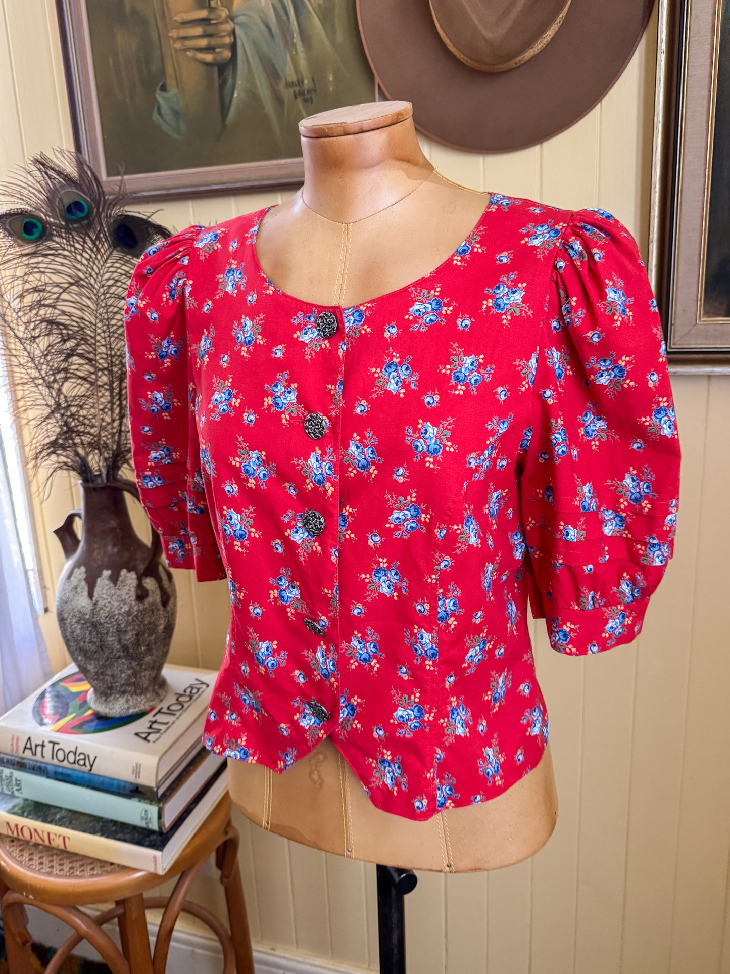 VINTAGE 1980S AUSTRIAN PFISTER COTTON FLORAL PRINT BLOUSE S/M