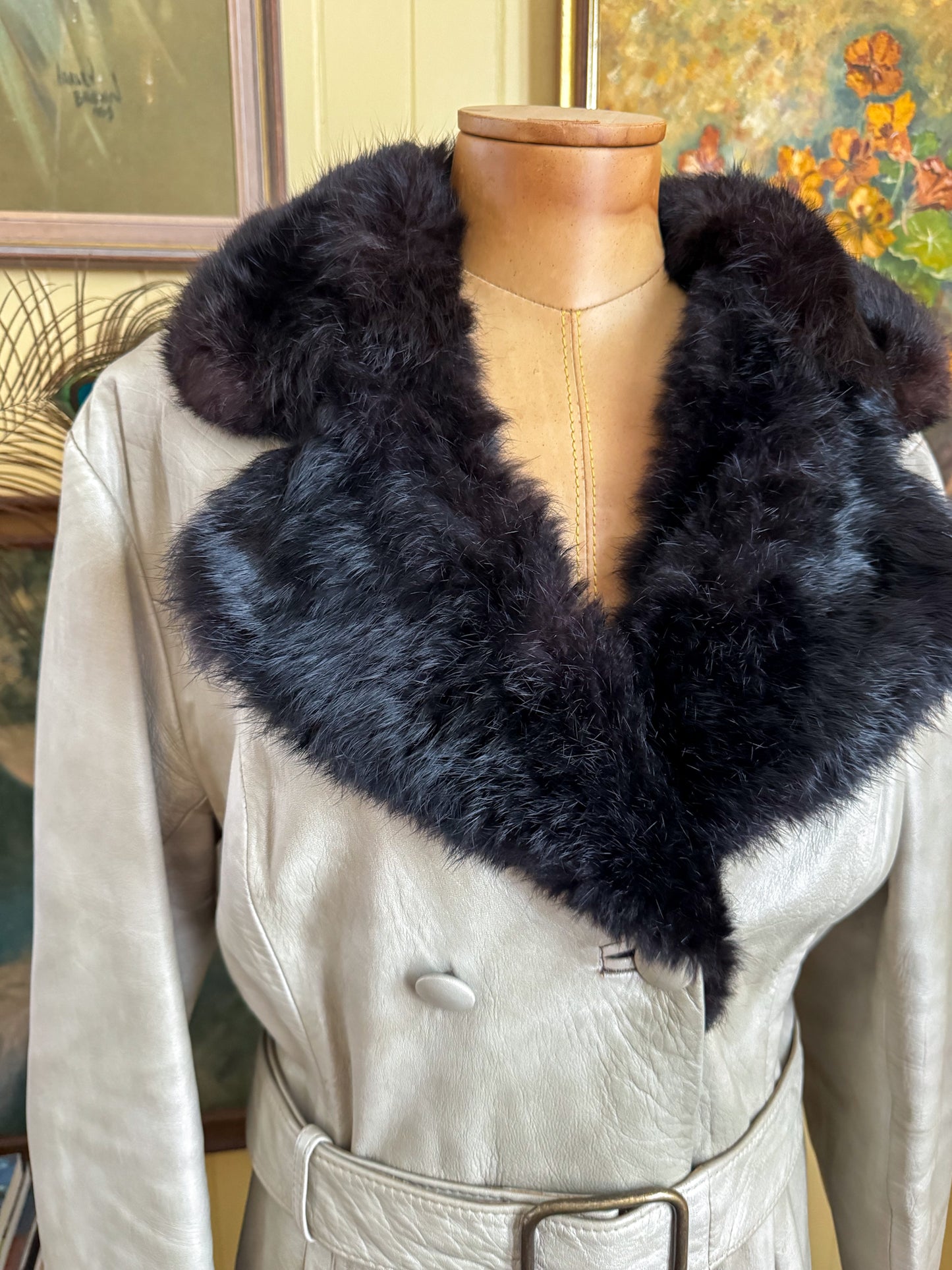 VINTAGE 1970S STEPHEN DATTNER LEATHER FUR TRIM PENNY LANE LONG COAT M/L