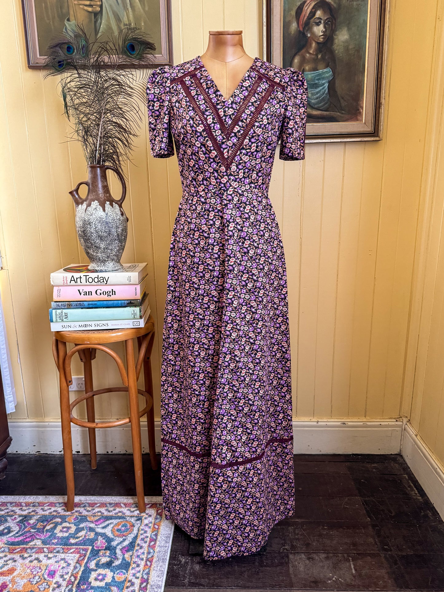 VINTAGE 1970S COTTON FLORAL PRINT PRAIRIE MAXI DRESS XS