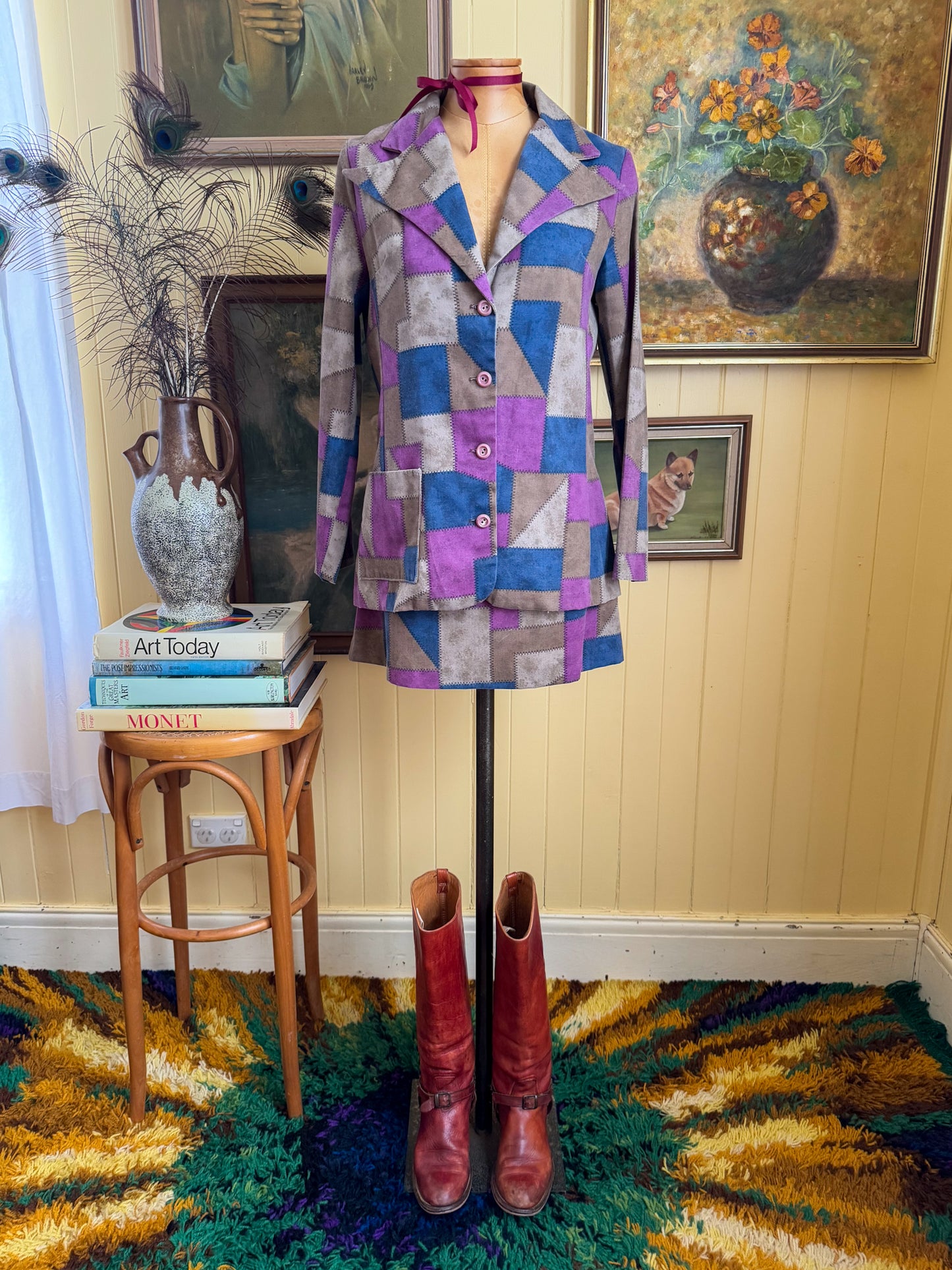 VINTAGE 1970S ACTION PATCHWORK PRINT BLAZER AND MINI SKIRT SET S