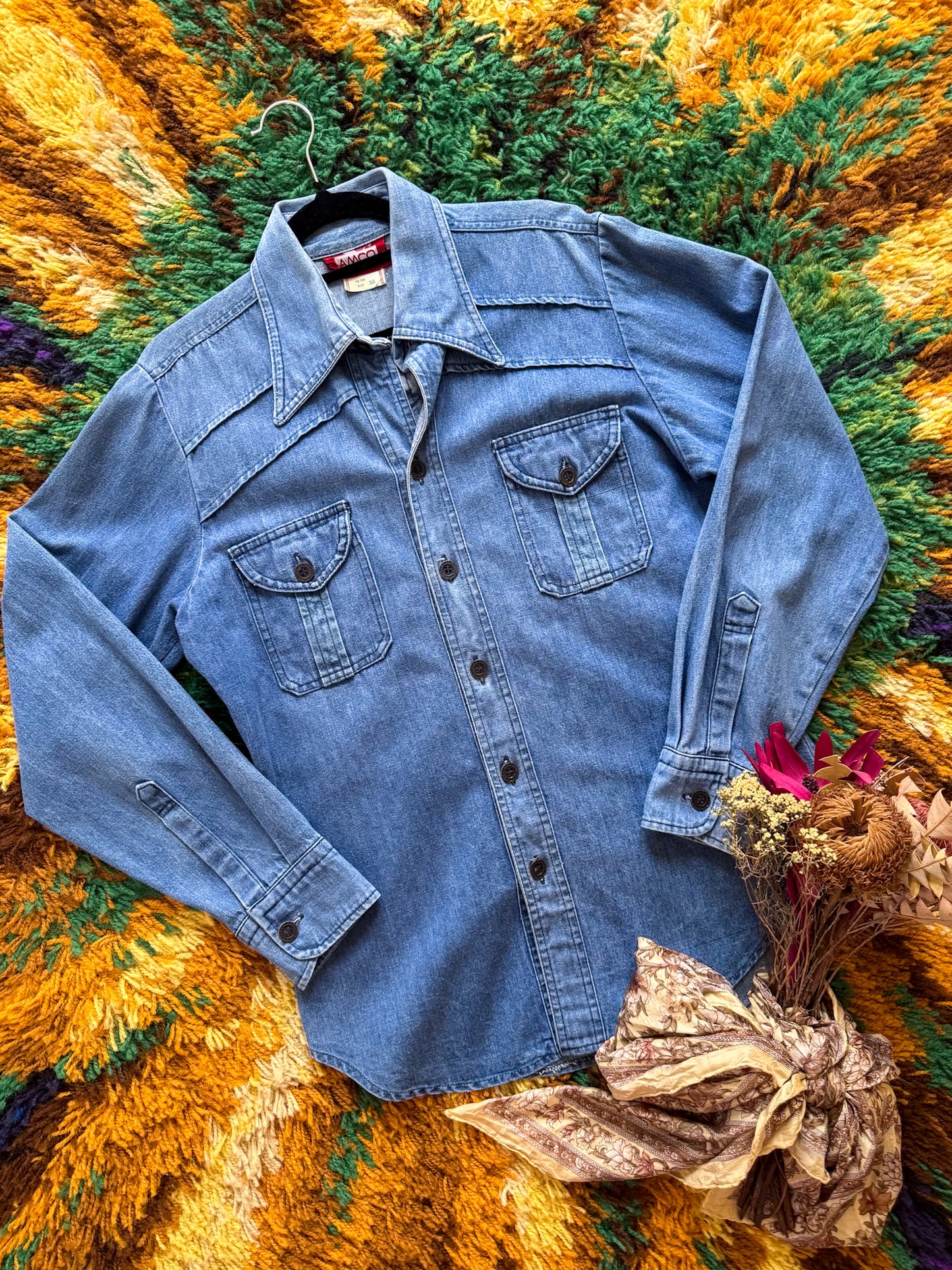 VINTAGE 1970S AMCO COTTON DENIM PATCH POCKET SHIRT JACKET M