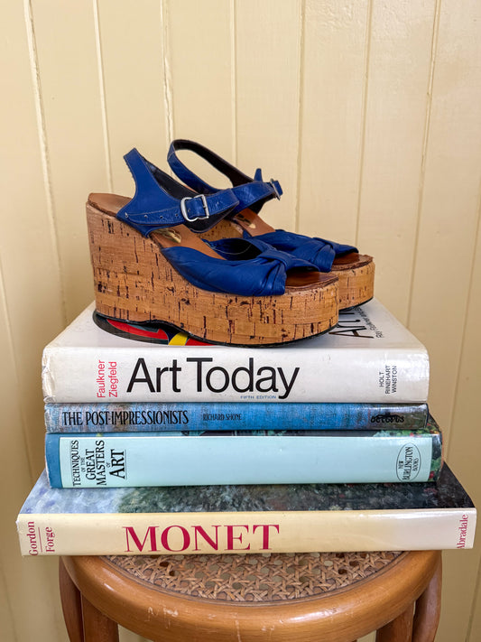 VINTAGE 1970S DAVA LEATHER CORK PLATFORM WEDGE SANDALS 5-5.5/36