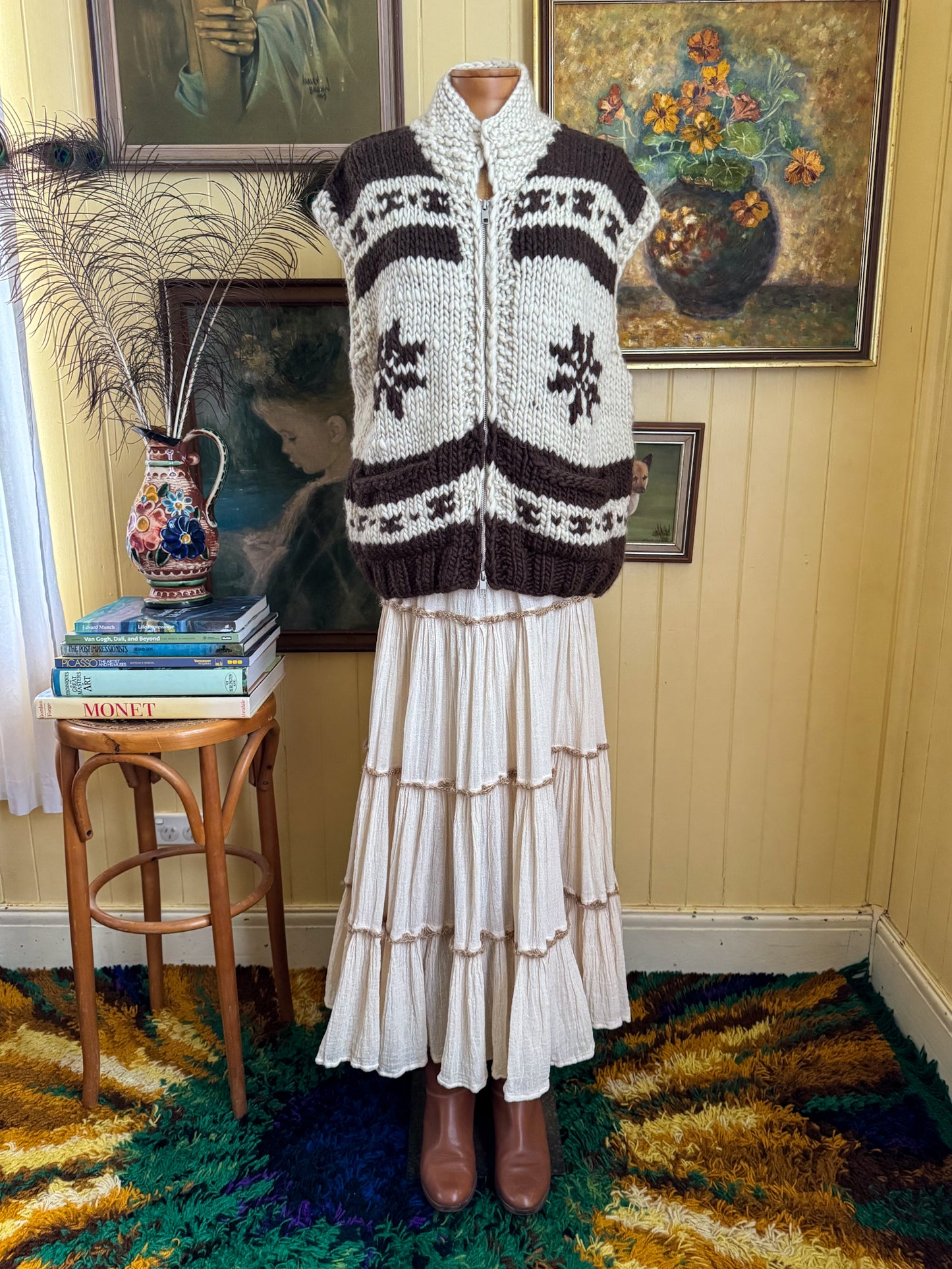 HANDMADE KANATA CANADIAN COWICHAN WOOLLEN CHUNKY KNIT ZIP THROUGH VEST M/L
