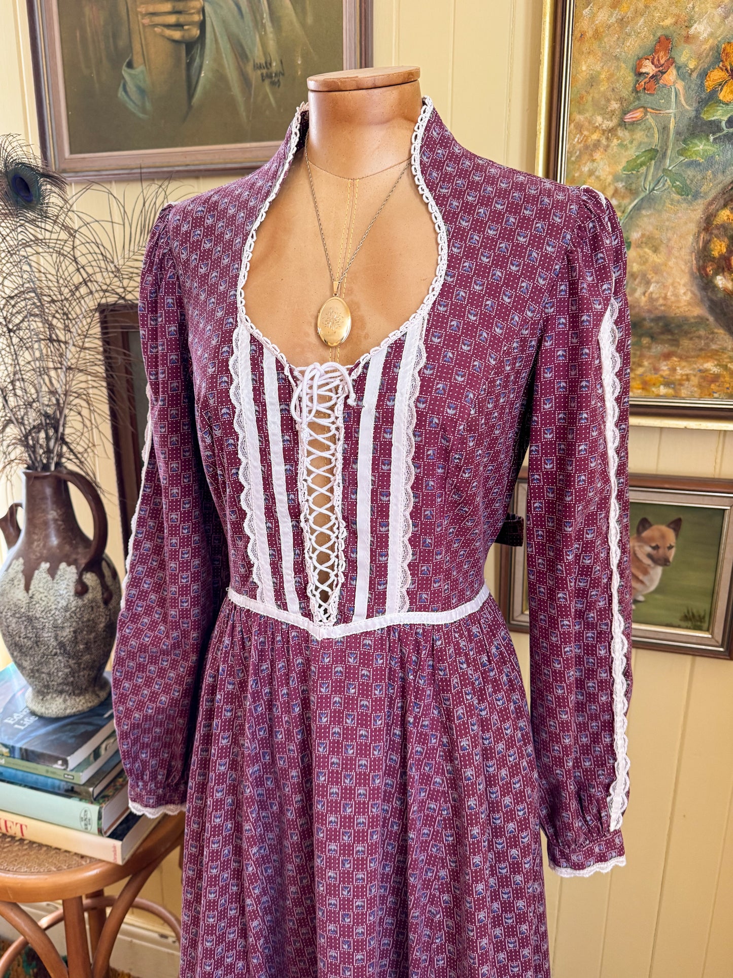 VINTAGE 1970S GUNNE SAX COTTON FLORAL PRINT LACE PRAIRIE MAXI DRESS S/M