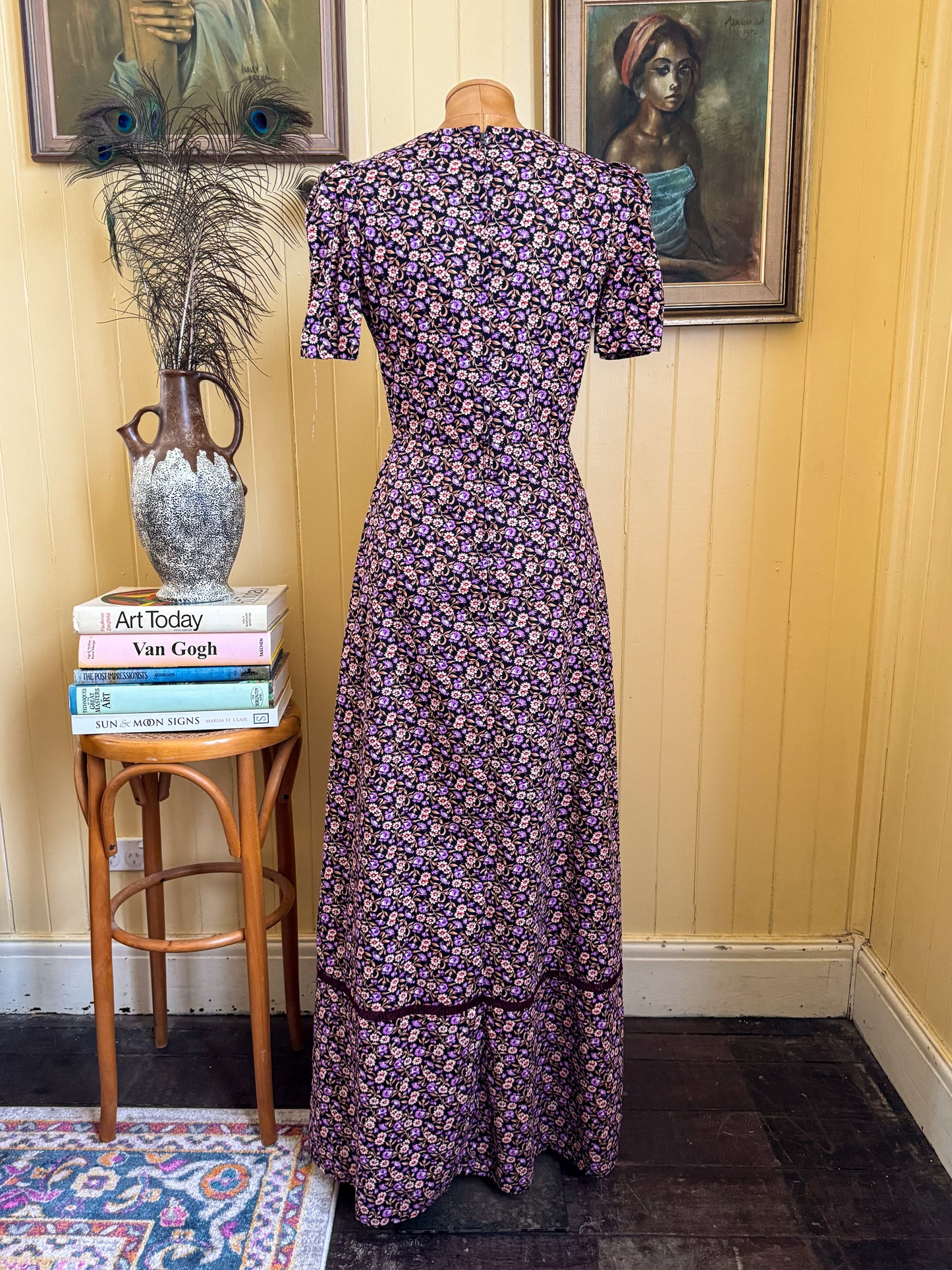 VINTAGE 1970S COTTON FLORAL PRINT PRAIRIE MAXI DRESS XS