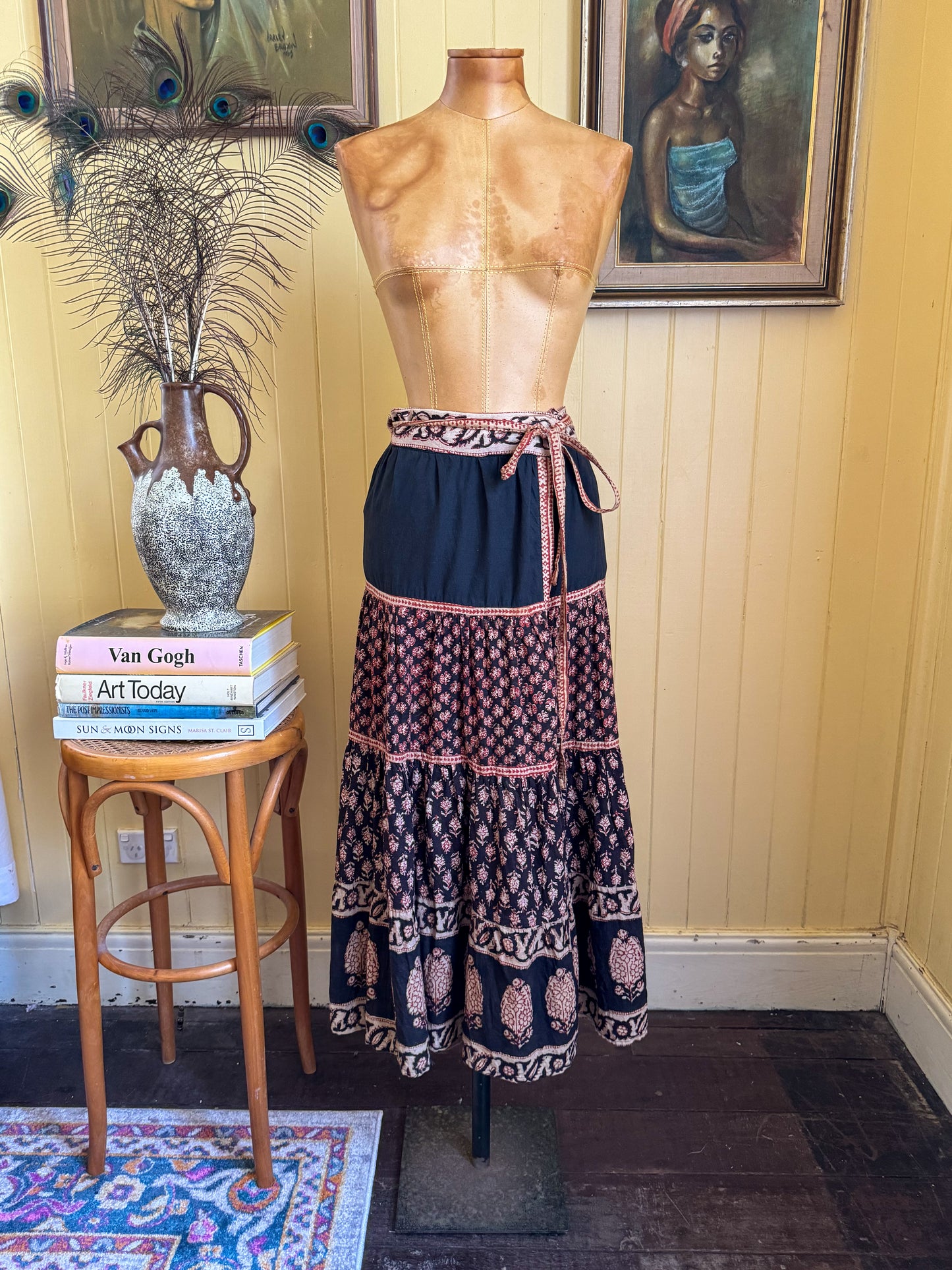 VINTAGE 1970S CHERRY LANE INDIAN COTTON BLOCK PRINT TIERED WRAP PEASANT SKIRT S/M