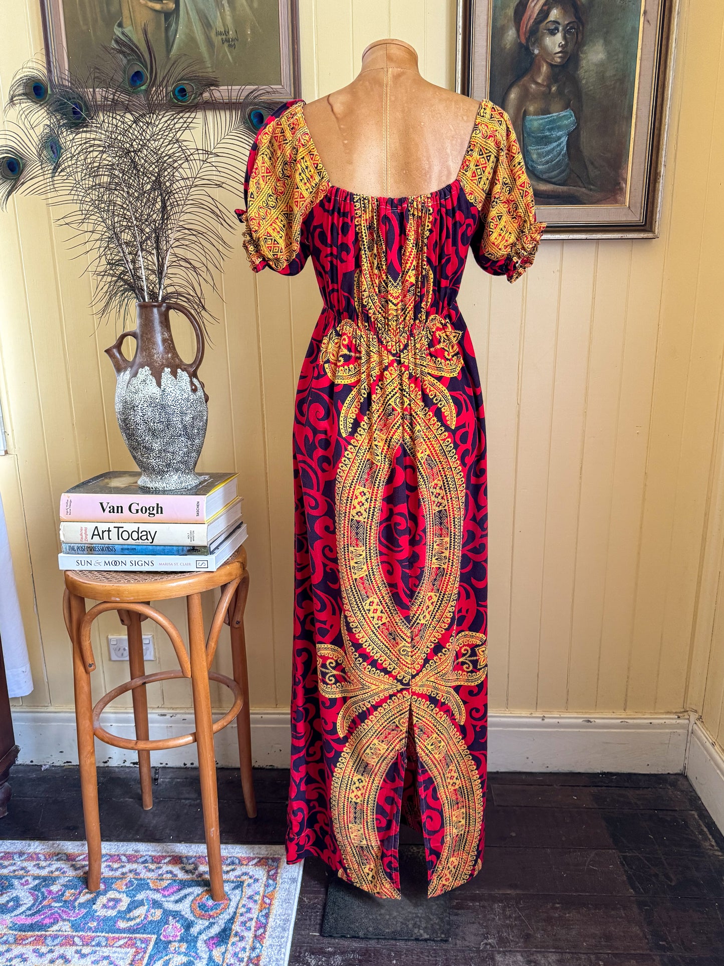 VINTAGE 1970S MR JOE PAKISTANI COTTON BLOCK PRINT MAXI DRESS S/M