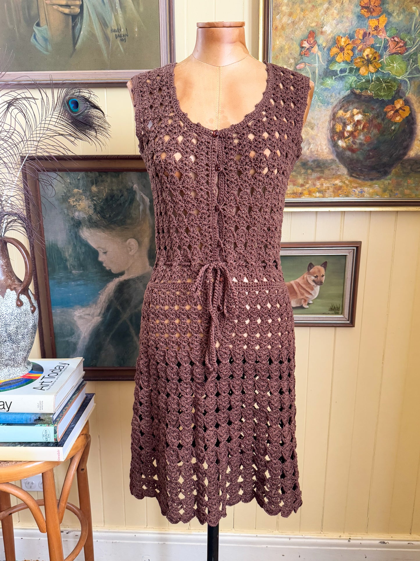 VINTAGE 1970S HANDMADE COCOA COTTON CROCHET BUTTON THROUGH MIDI DRESS S/M