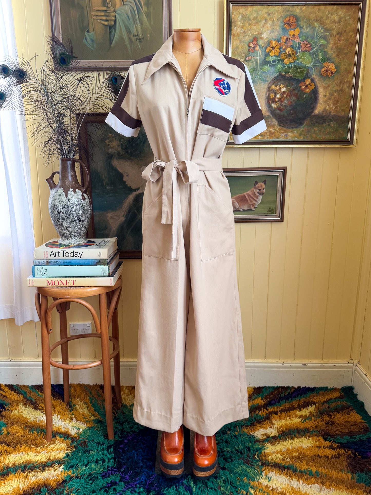 VINTAGE 1970S IBBI COTTON BLEND PATCH WIDE LEG BOILER SUIT S/M