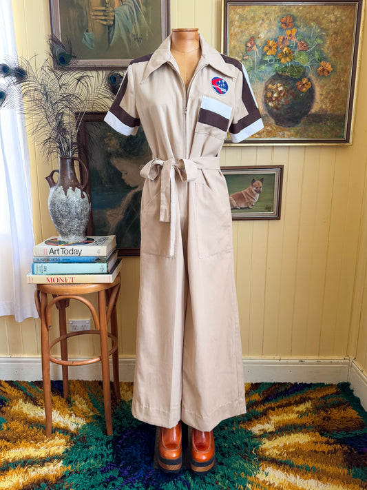 VINTAGE 1970S IBBI COTTON BLEND PATCH WIDE LEG BOILER SUIT S/M