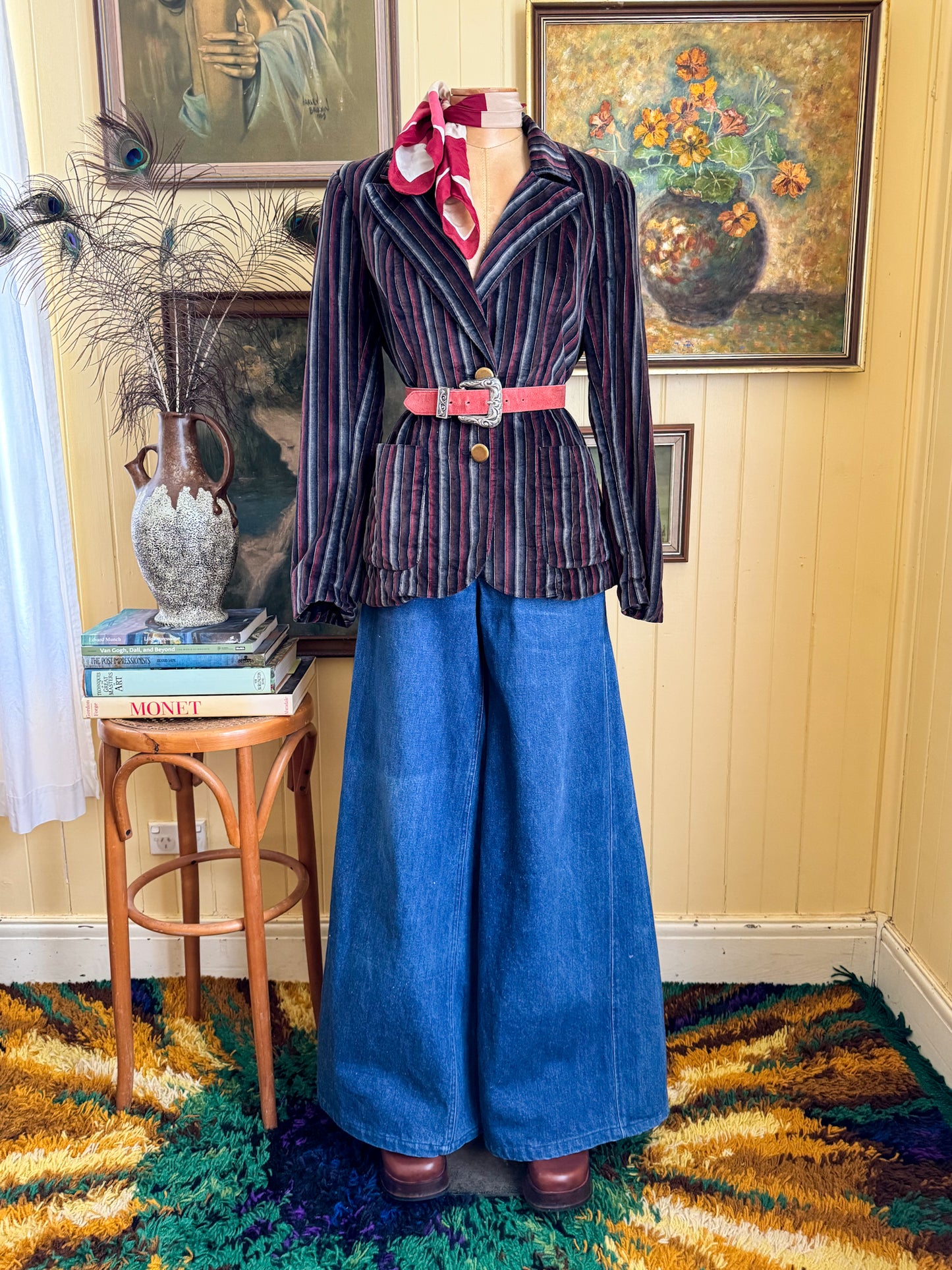 VINTAGE 1970S STAGGERS WIDE LEG SUPER FLARE BELLBOTTOM HIGH WAIST DENIM JEANS M/L