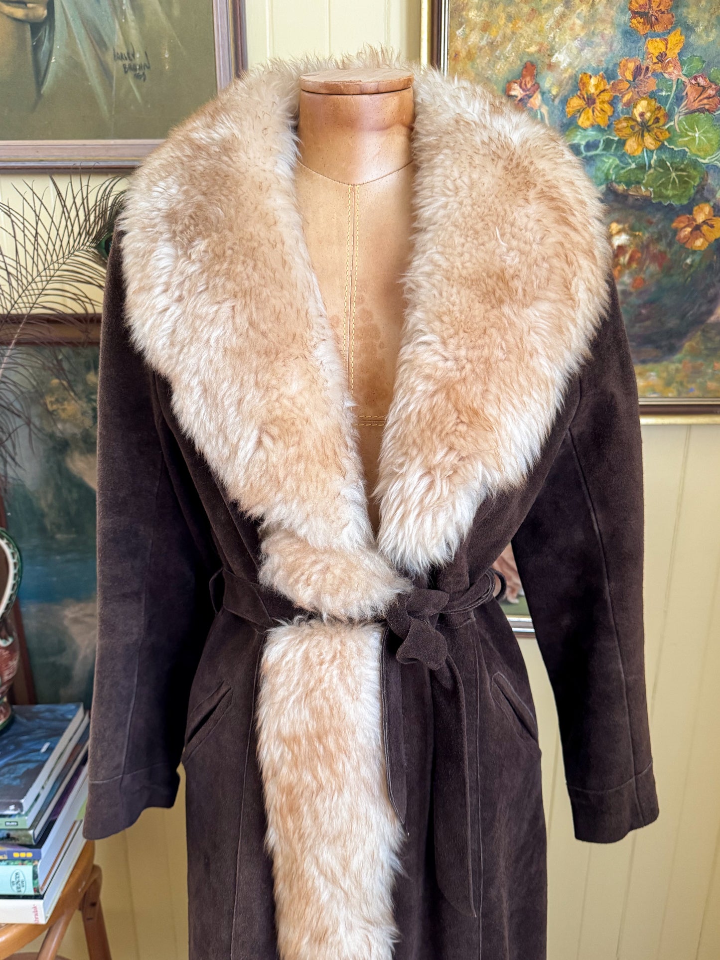 VINTAGE 1970S CHOCOLATE BROWN SUEDE LEATHER LONGLINE PENNY LANE SHEARLING COAT S