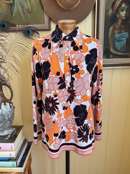 VINTAGE 1970S DOMONY PSYCHEDELIC PRINT COLLARED TUNIC TOP M/L