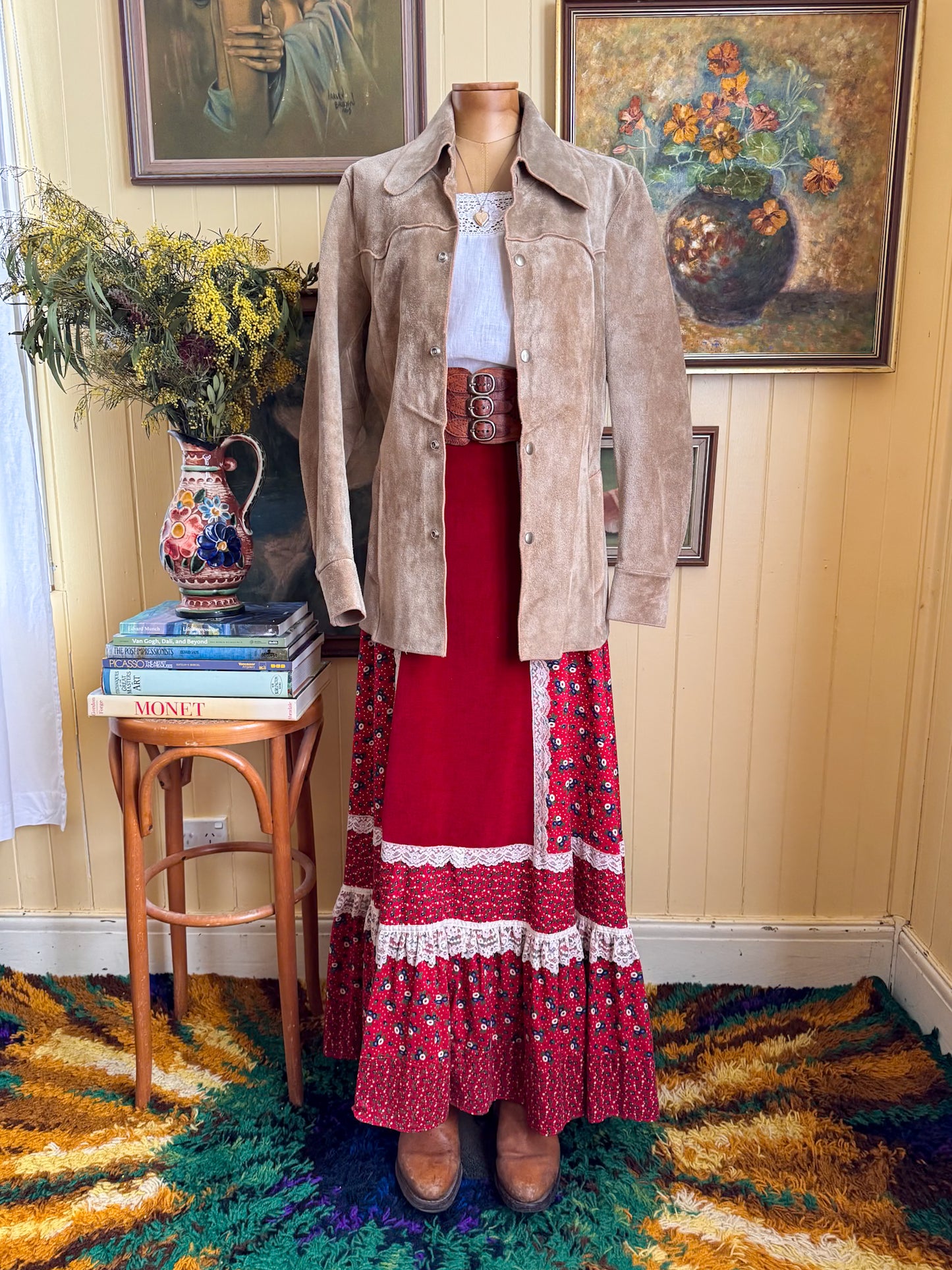 VINTAGE 1970S JESSICA’S GUNNIES GUNNE SAX FLORAL PRINT COTTON, VELVET + LACE MAXI SKIRT S