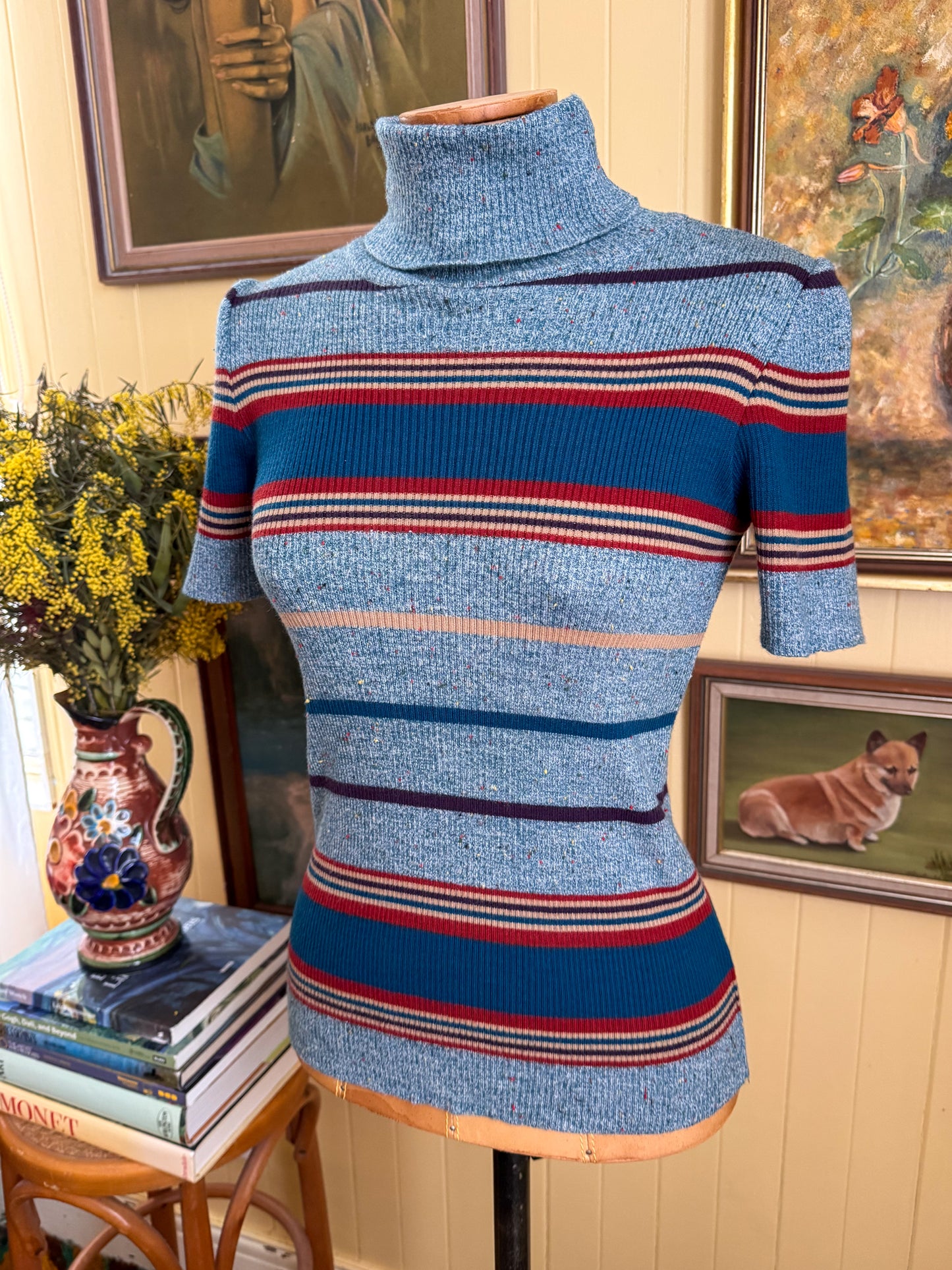 VINTAGE 1970S ITALIAN DAVID JONES WOOL BLEND KNIT ROLL NECK STRIPED SWEATER S/M