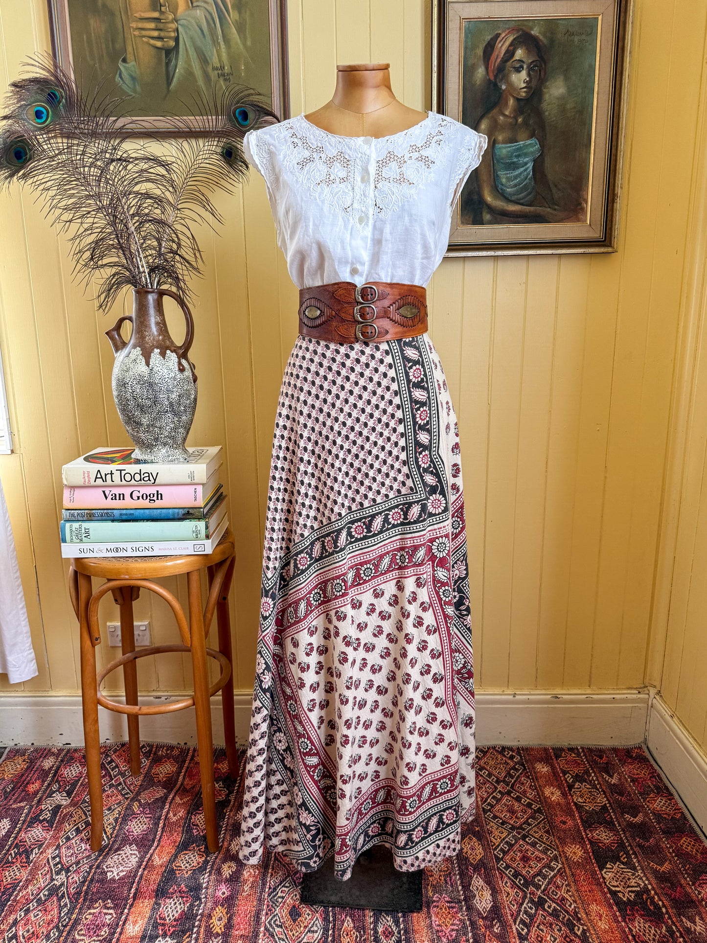 VINTAGE 1970S MR JOE INDIAN COTTON BLOCK PRINT WRAP MAXI SKIRT S/M