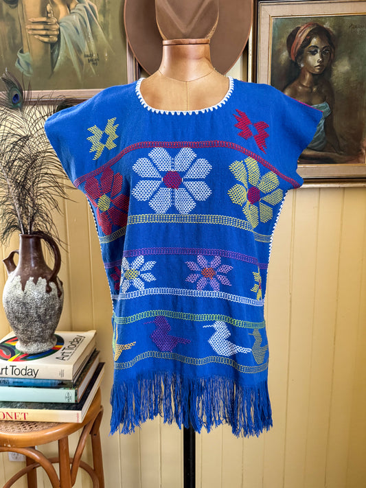 VINTAGE 1990S MEXICAN COTTON EMBROIDERED HUIPIL TASSLE BLOUSE S