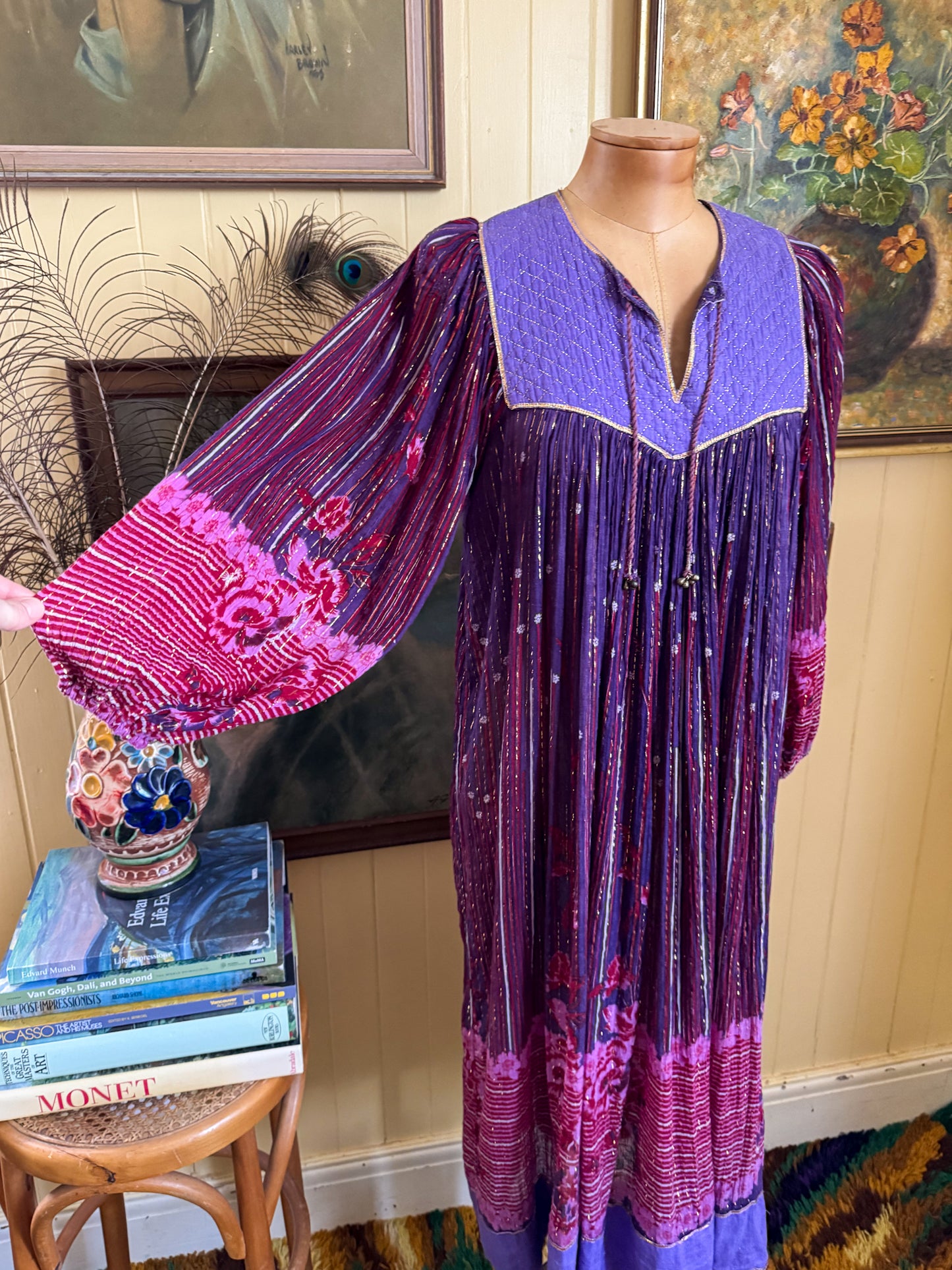 VINTAGE 1970S INDIAN COTTON GAUZE BLOCK PRINT LUREX MIDI DRESS S/M