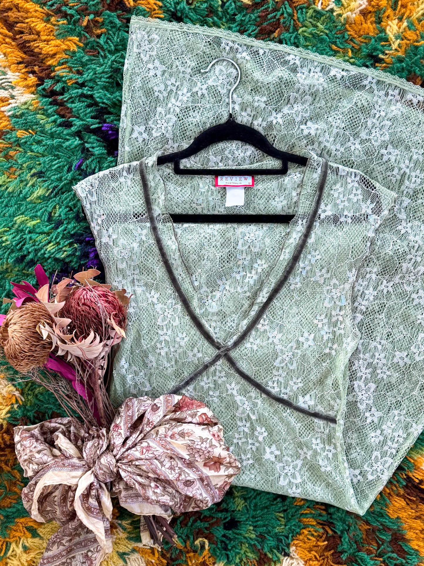 VINTAGE 1990S AUSTRALIAN REVIEW SHEER LACE VELVET TRIM MIDI DRESS S/M