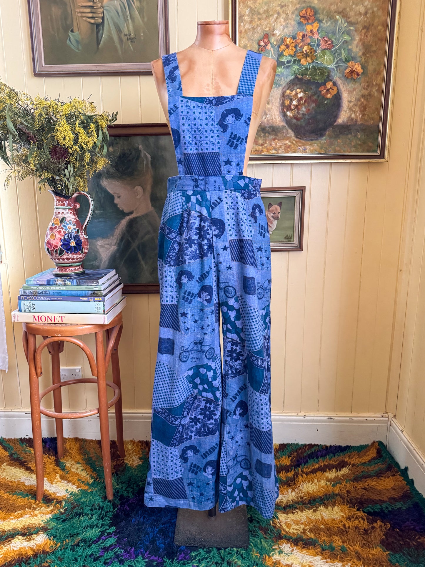 VINTAGE 1970S TRIKKELS COTTON DENIM NOVELTY PRINT WIDE LEG DUNGAREES OVERALLS S/M