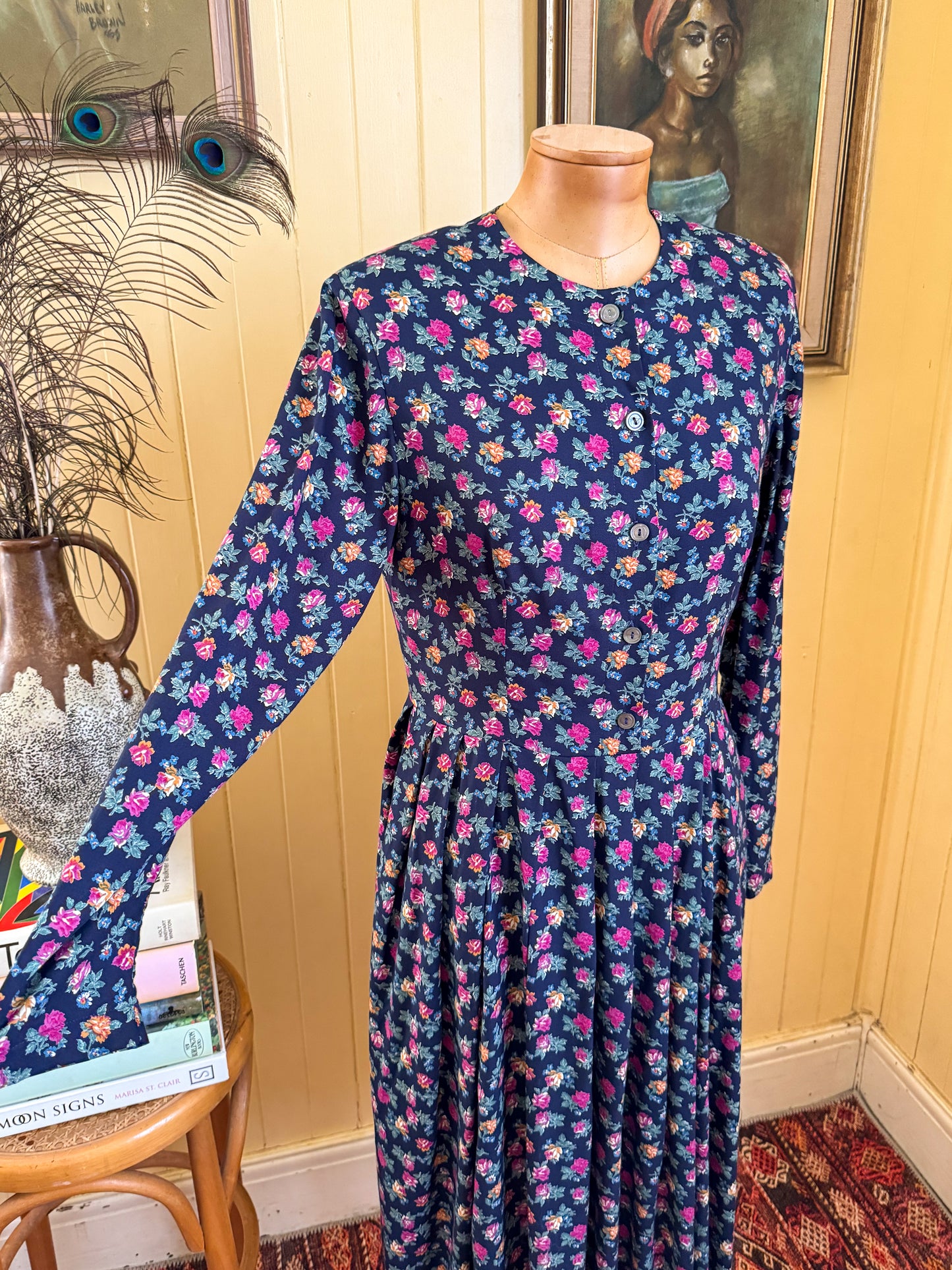 VINTAGE 1990S LAURA ASHLEY VISCOSE BUTTON THROUGH PRAIRIE DRESS S/M