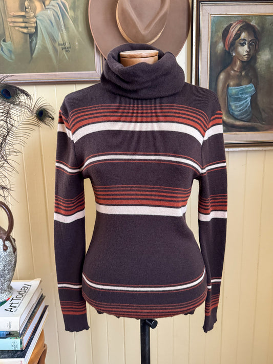 VINTAGE 1970S SPORTSCRAFT WOOLLEN KNIT ROLL NECK STRIPED JUMPER M/L