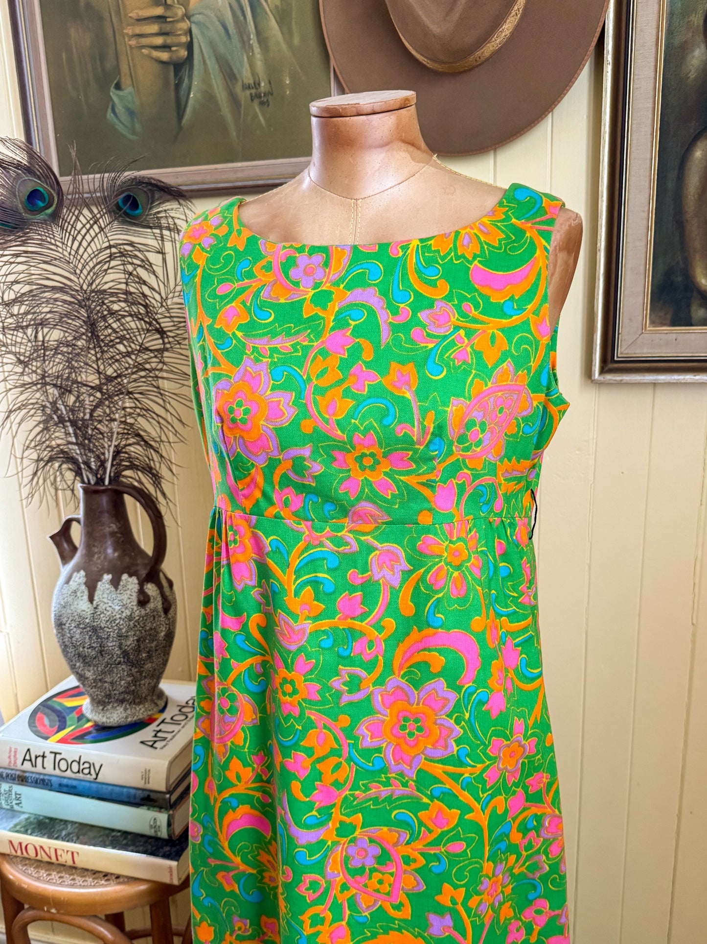 VINTAGE 1970S HANDMADE COTTON PSYCHEDELIC FLORAL PRINT COLUMN MAXI DRESS M