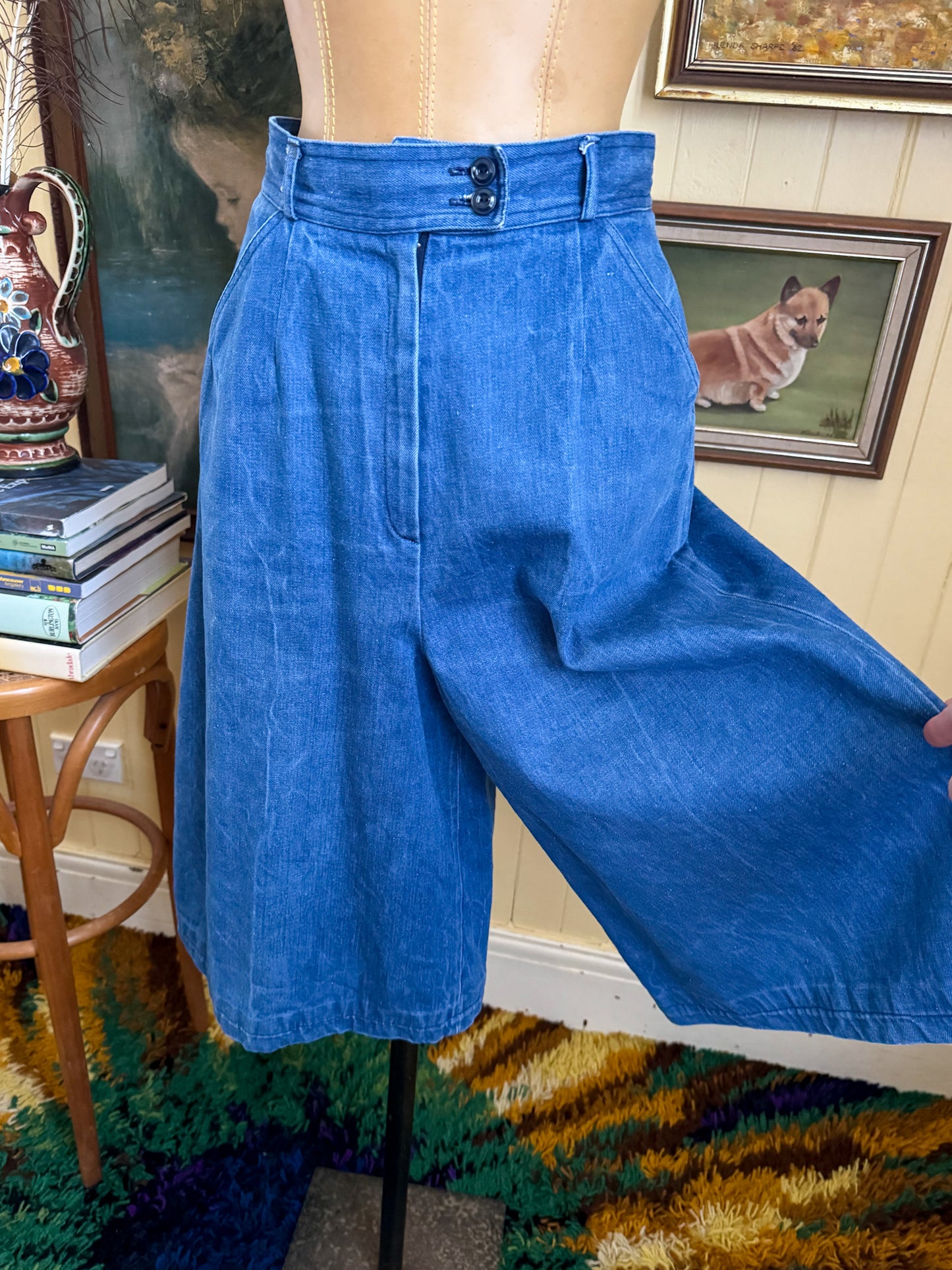 VINTAGE 1970S C&A COTTON DENIM SUPER HIGH WAIST WIDE LEG CULOTTES XS/S