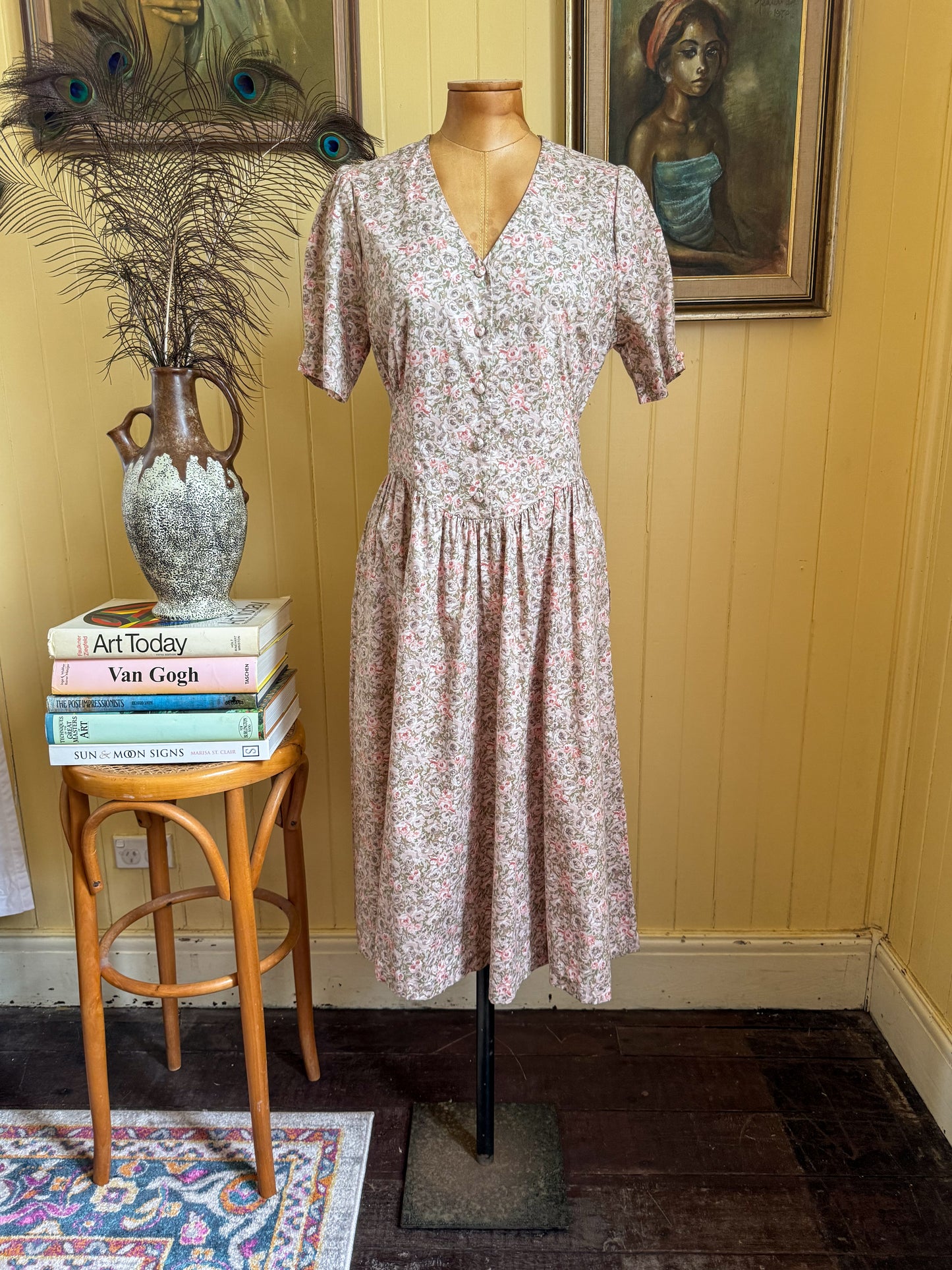 VINTAGE 1980S ENGLISH LAURA ASHLEY COTTON FLORAL PRINT PRAIRIE DRESS S