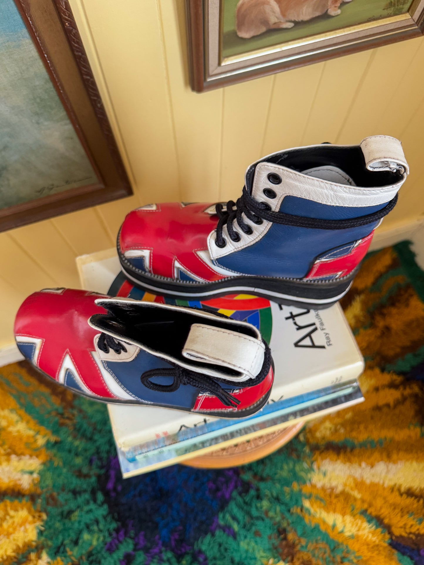 VINTAGE 1990S RARE ITALIAN VANGUARD UNION JACK LEATHER PLATFORM DIESEL SOLE BOOTS 8/38-39