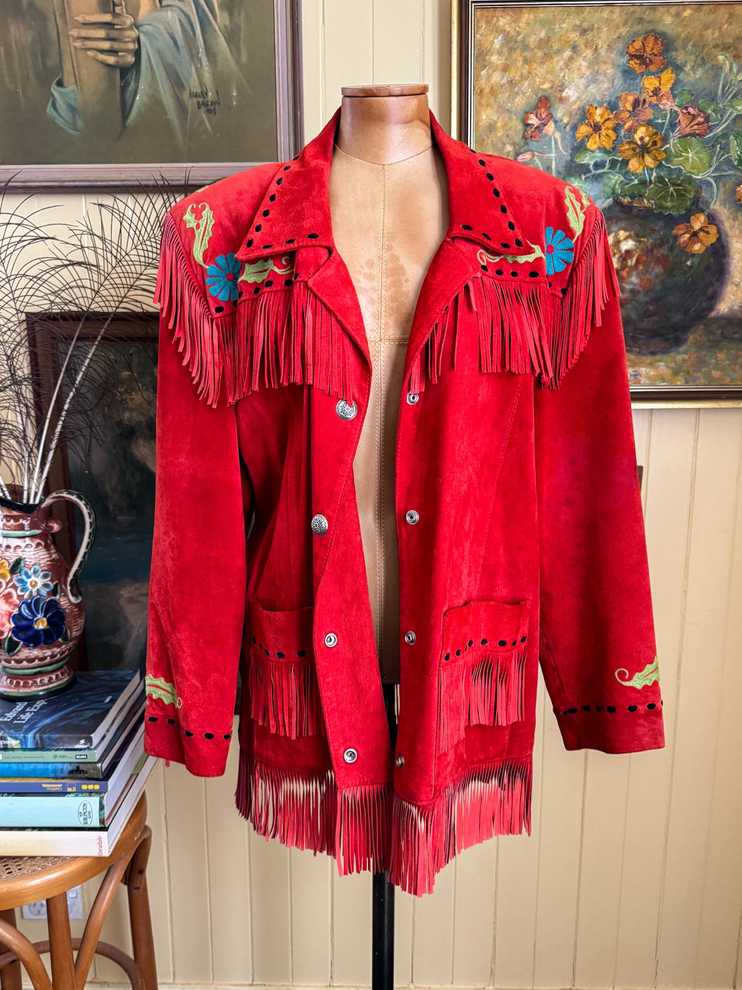 VINTAGE RARE CHAR SANTA FE RED SUEDE FRINGED EMBROIDERED WESTERN JACKET M