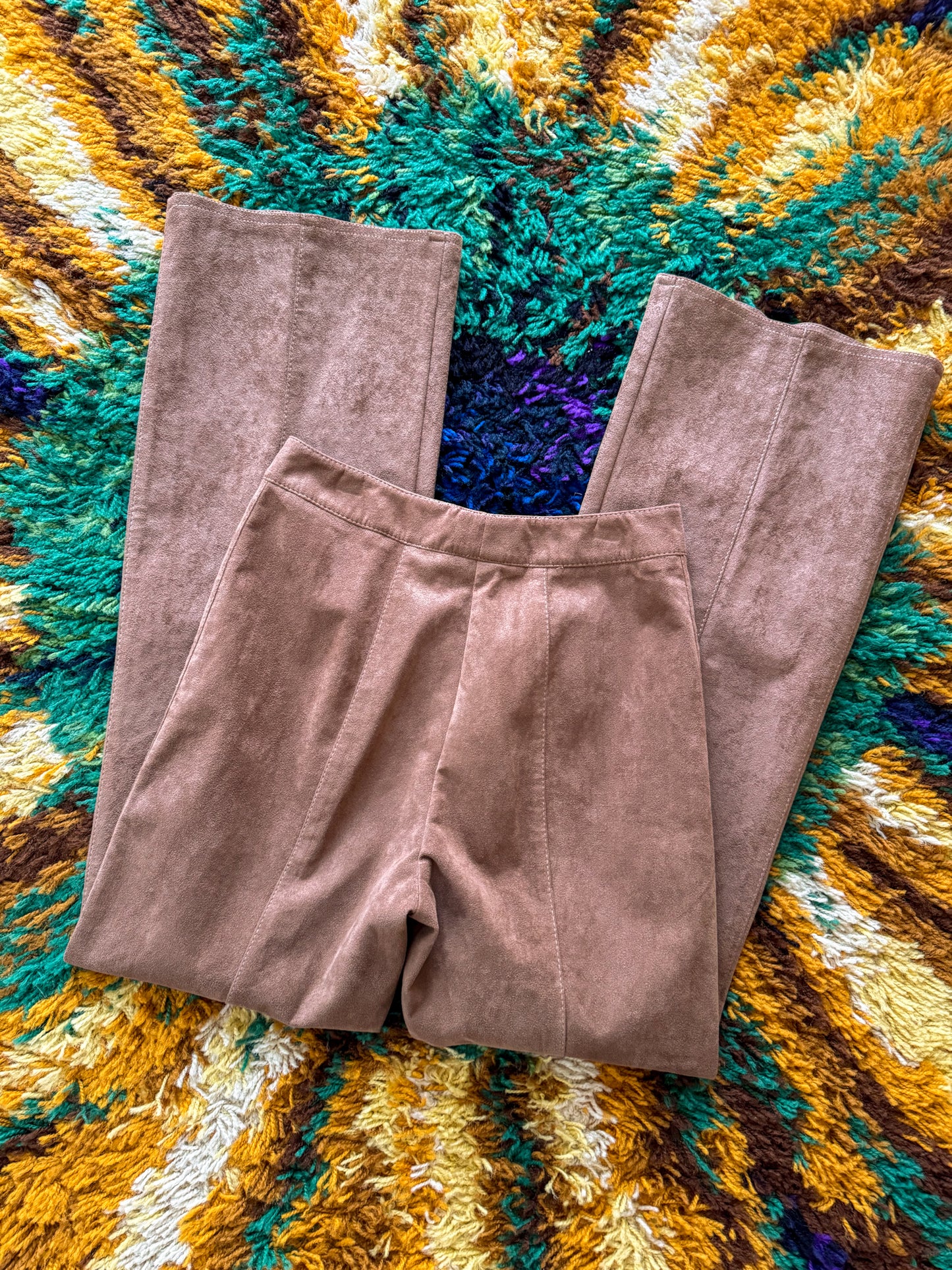 VINTAGE 1970S TULLO FAUX SUEDE HIGH WAISTED FLARED PANTS S
