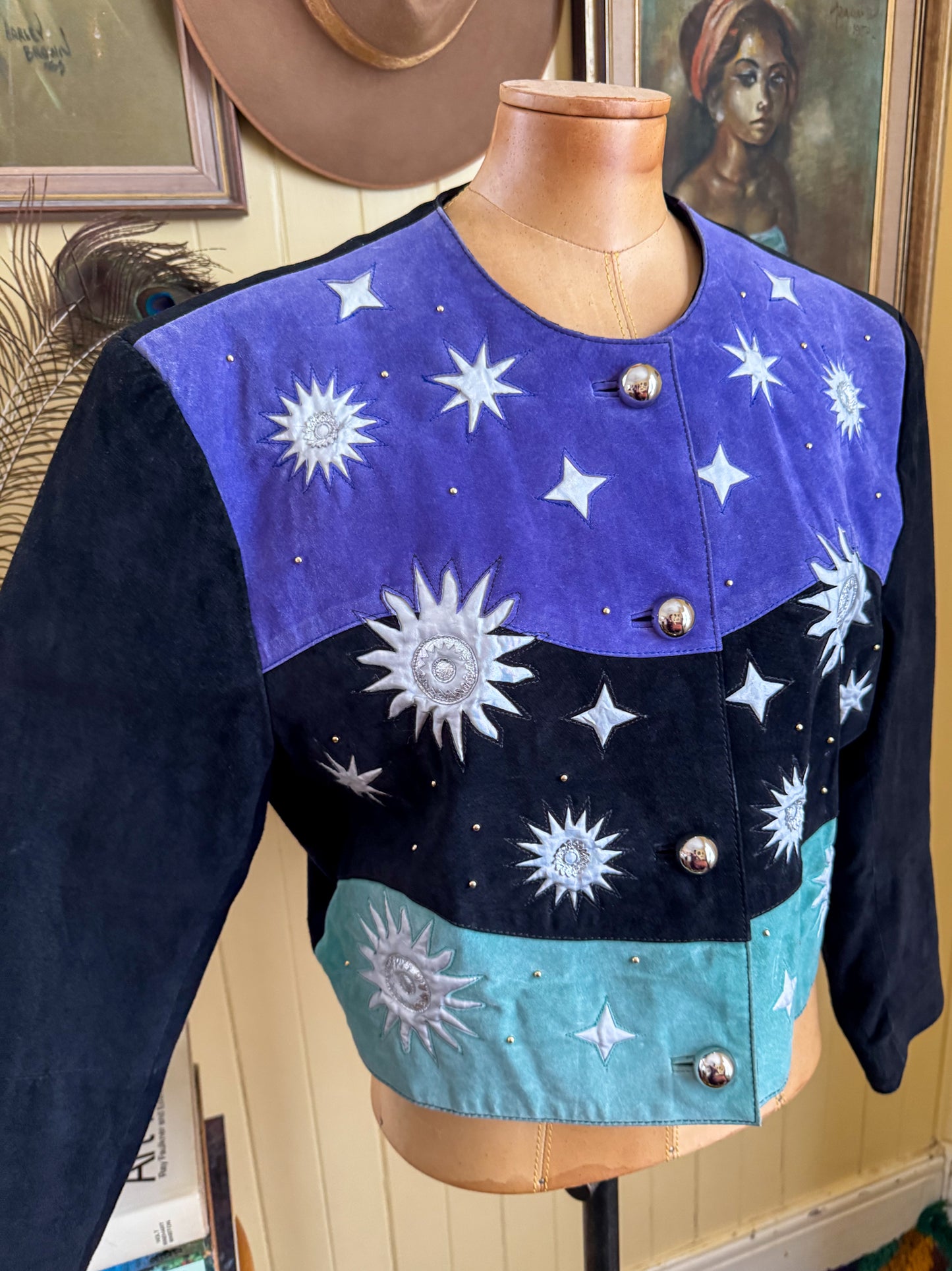 VINTAGE 1980S SUEDE LEATHER COLOUR BLOCK CELESTIAL CROPPED JACKET L
