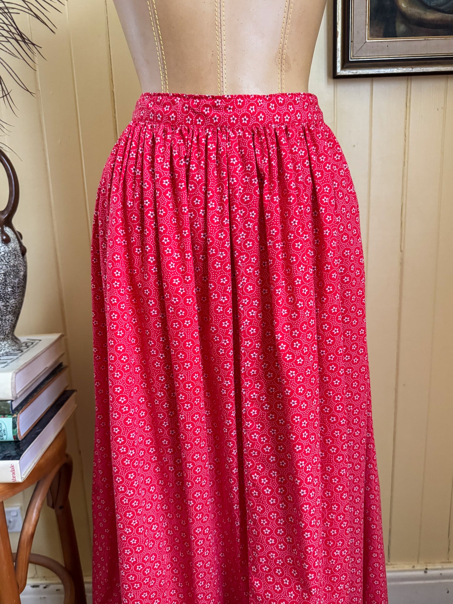 VINTAGE 1970S COTTON FLORAL PRINT PRAIRIE RUFFLE MAXI SKIRT M