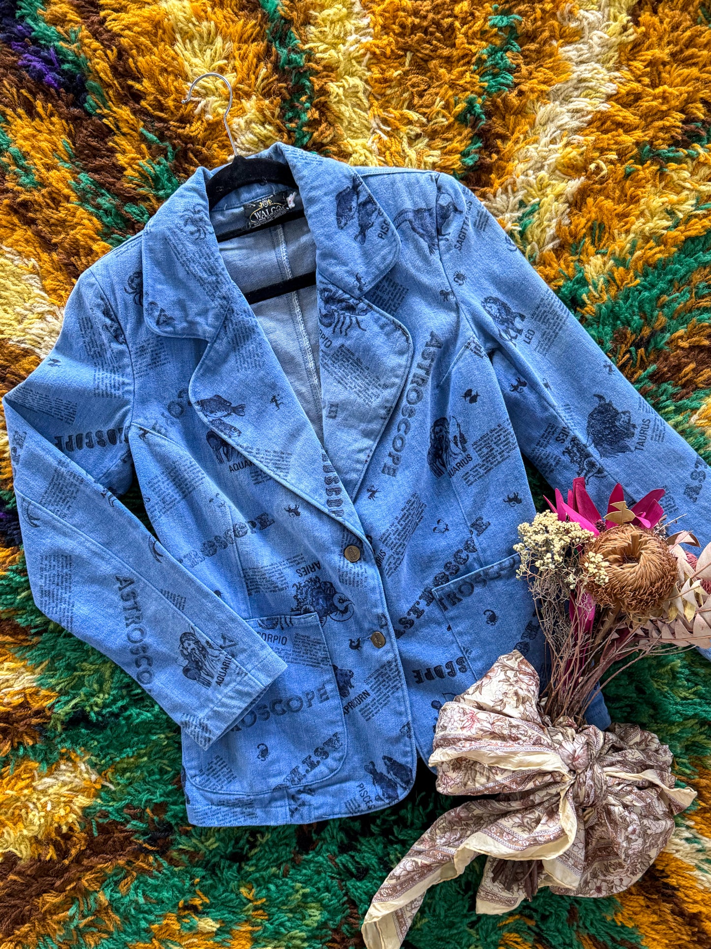VINTAGE 1970S WALCO COTTON DENIM ASTROSCOPE PRINT BLAZER JACKET S