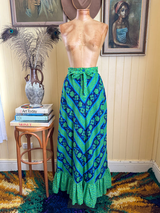 VINTAGE 1970S JAKI K COTTON FLORAL PRINT RUFFLE MAXI SKIRT XS/S
