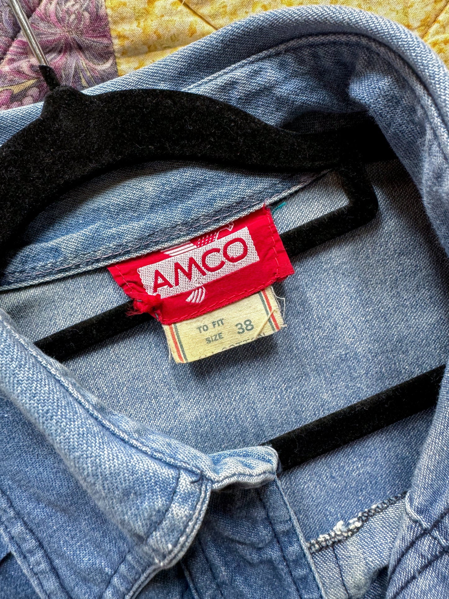 VINTAGE 1970S AMCO COTTON DENIM PATCH POCKET SHIRT JACKET S/M