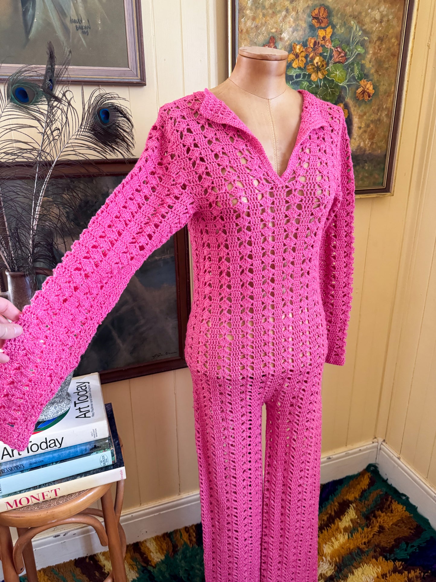 VINTAGE 1970S HANDMADE PINK WOOL/COTTON CROCHET LUREX JUMPSUIT S