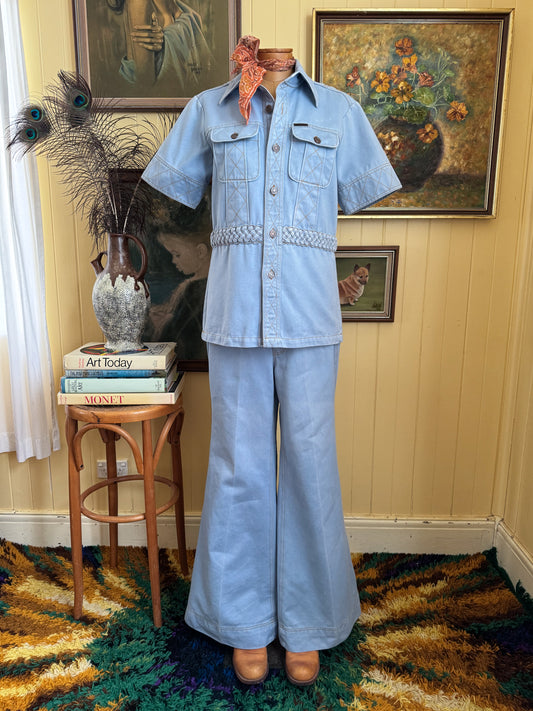 VINTAGE 1970S MENS TEXWOOD SAFARI DENIM JACKET AND FLARED JEANS SET S/M