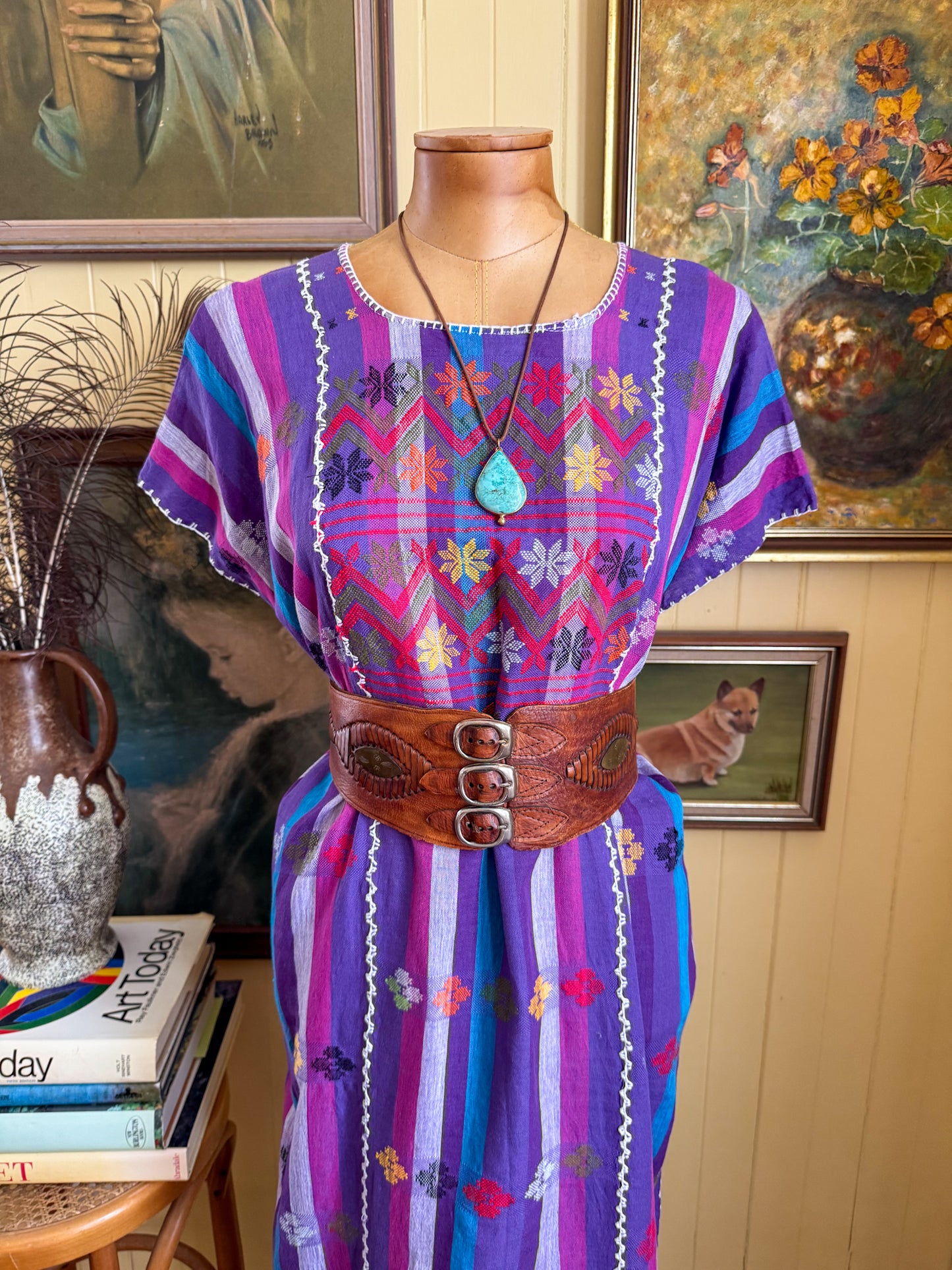 HANDMADE MEXICAN STRIPED WOVEN COTTON EMBROIDERED HUIPIL DRESS S/M/L