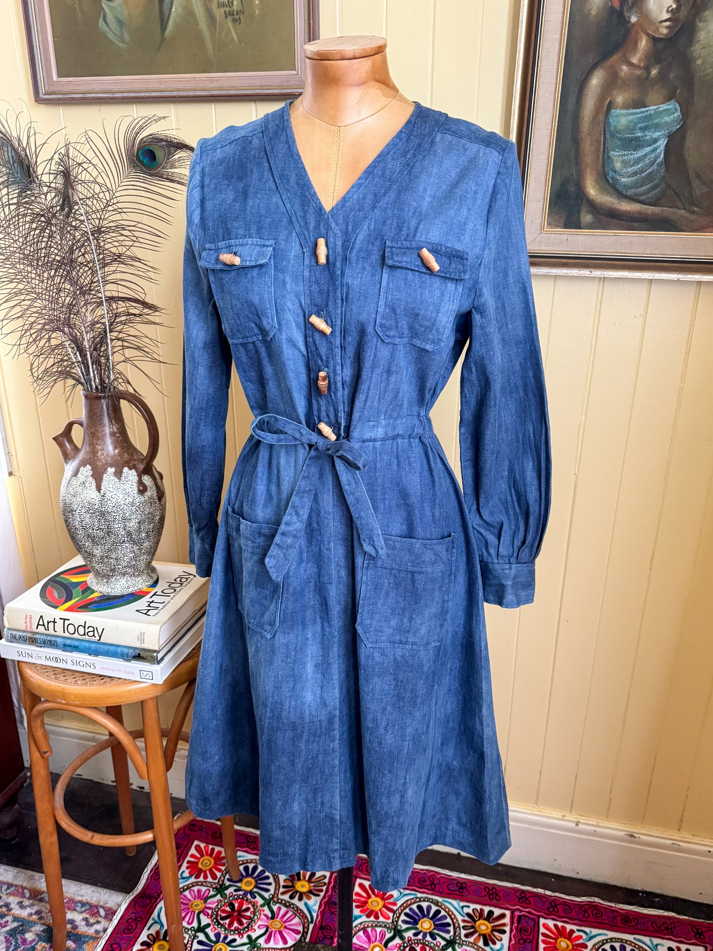 VINTAGE 1970S RENEY BLANT COTTON DENIM MIDI SHIRT DRESS S/M