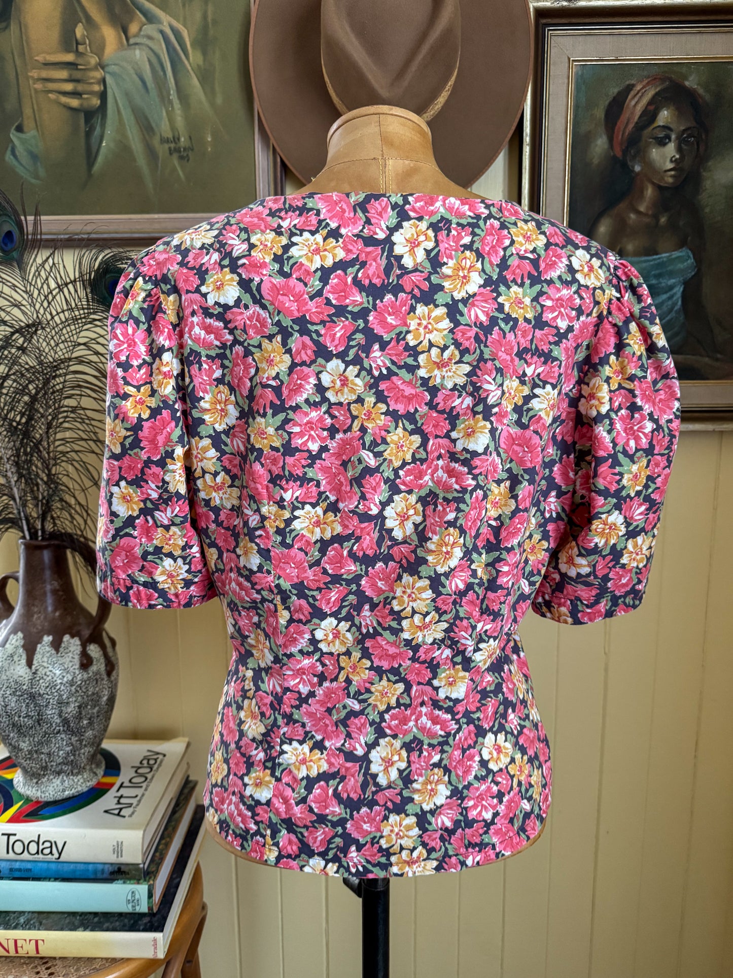 VINTAGE 1980S AUSTRALIAN LAURA ASHLEY COTTON FLORAL PRINT BLOUSE M