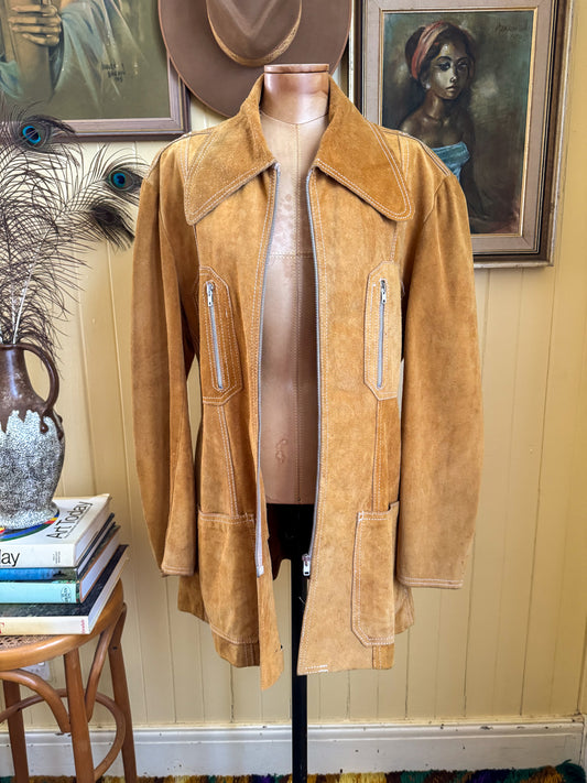 VINTAGE 1970S RAGE MUSTARD SUEDE LEATHER OVERSIZED COLLAR TAILORED JACKET L