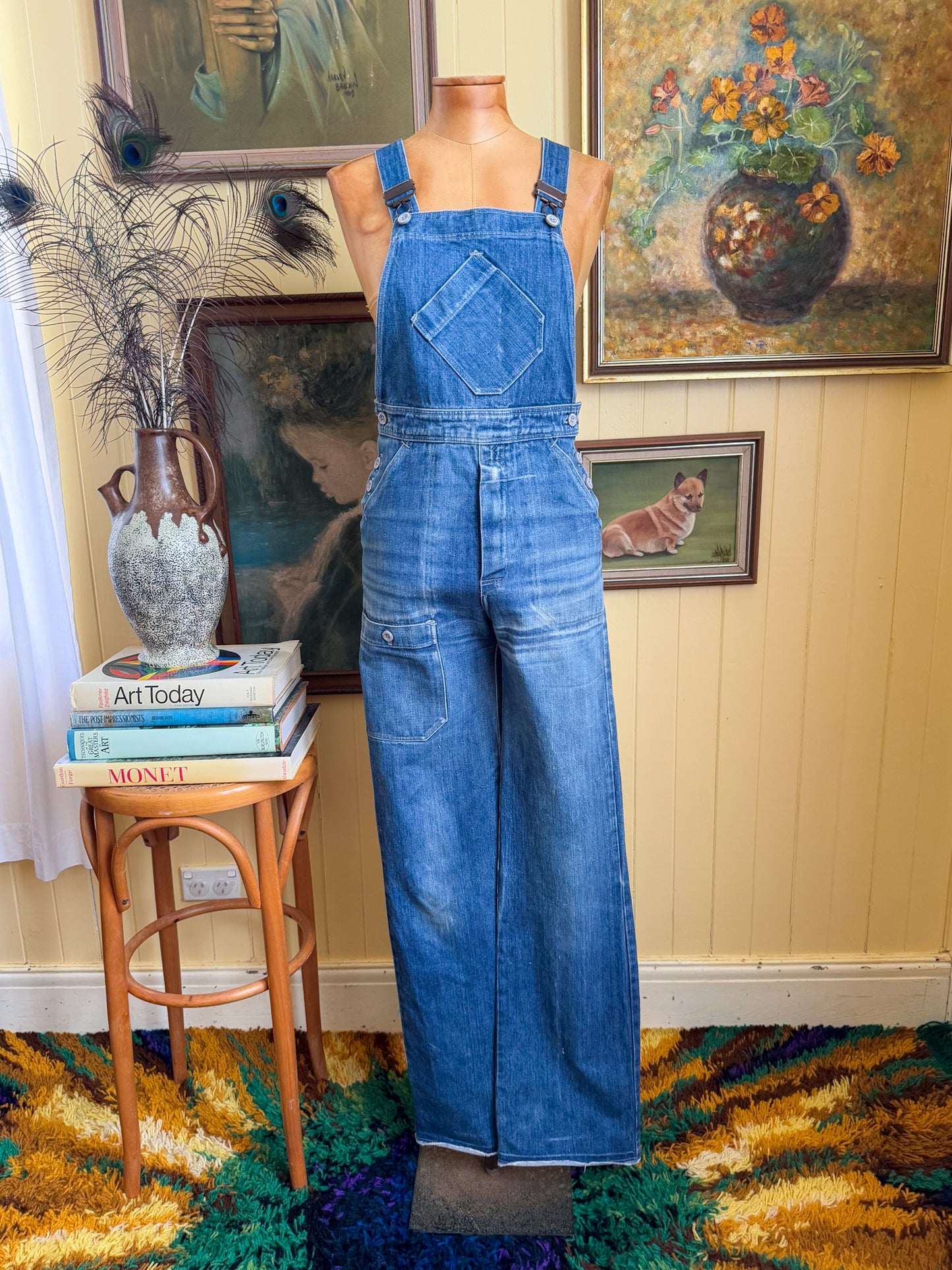 VINTAGE 1970S ENGLISH INEGA COTTON DENIM STRAIGHT LEG DUNGAREES OVERALLS XS